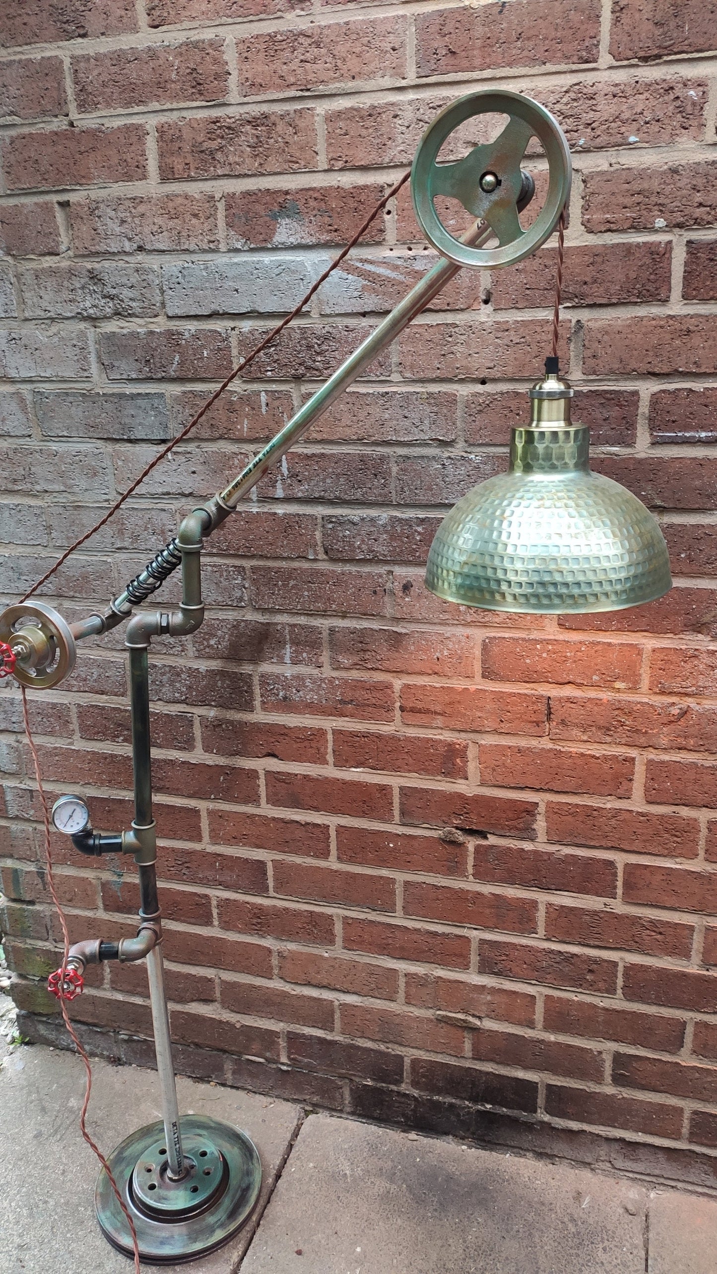 Handmade Retro Industrial Steampunk Vintage Floor Lamp with Red Lampshades & Patina Finish