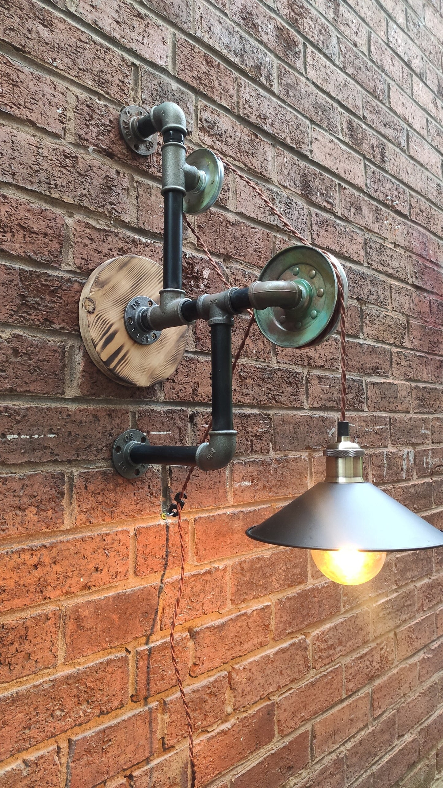 Vintage Industrial Steampunk Hanging Lamp with Red Lampshades - Handmade Retro Pipe Design with Pulley Wheel and Patina Finish - Vintage