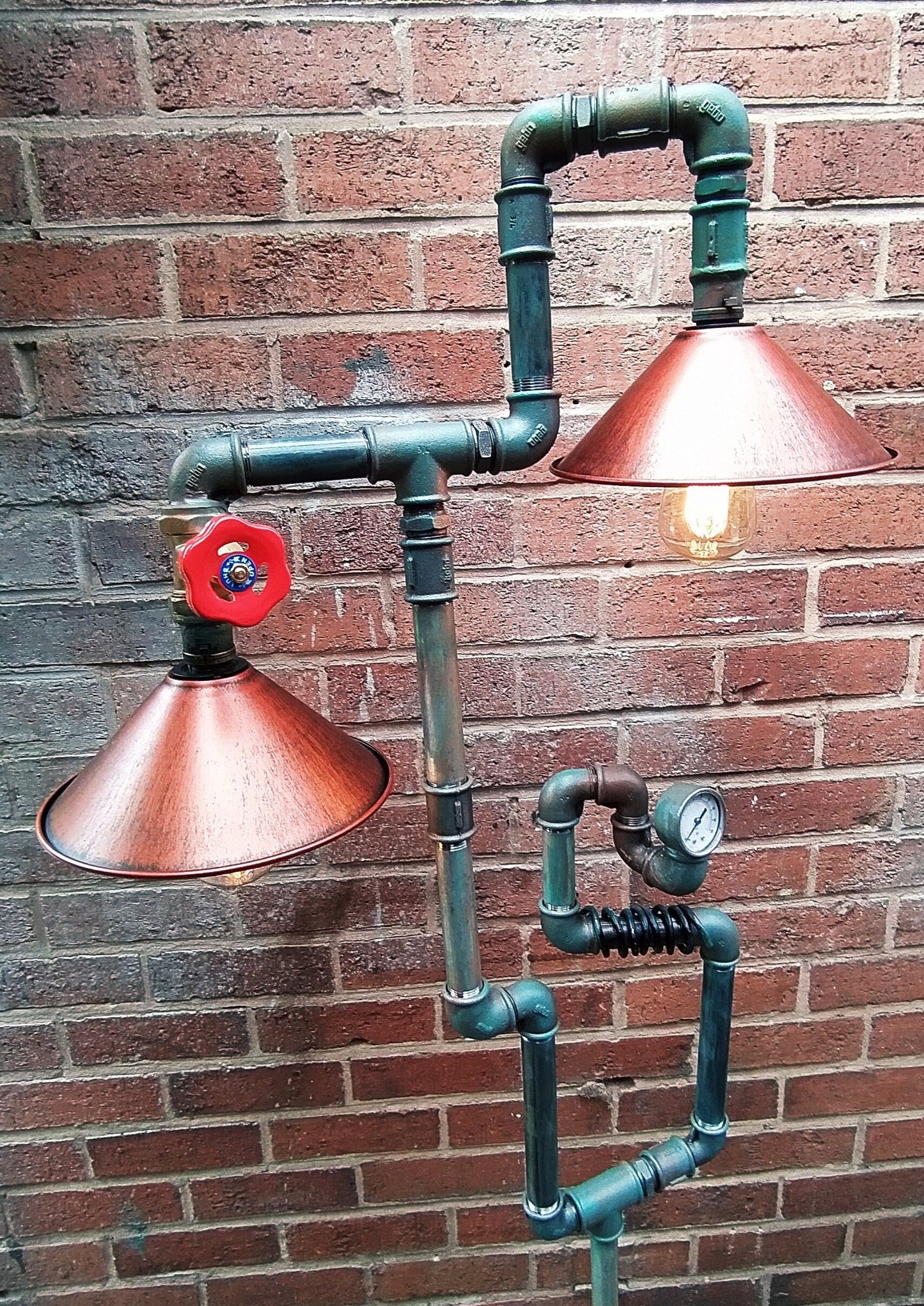 Retro Industrial Steampunk Vintage Floor Lamp with Red Shades - Handcrafted Metal Pipe Design, Includes Antique Bulbs and Lamp Switch