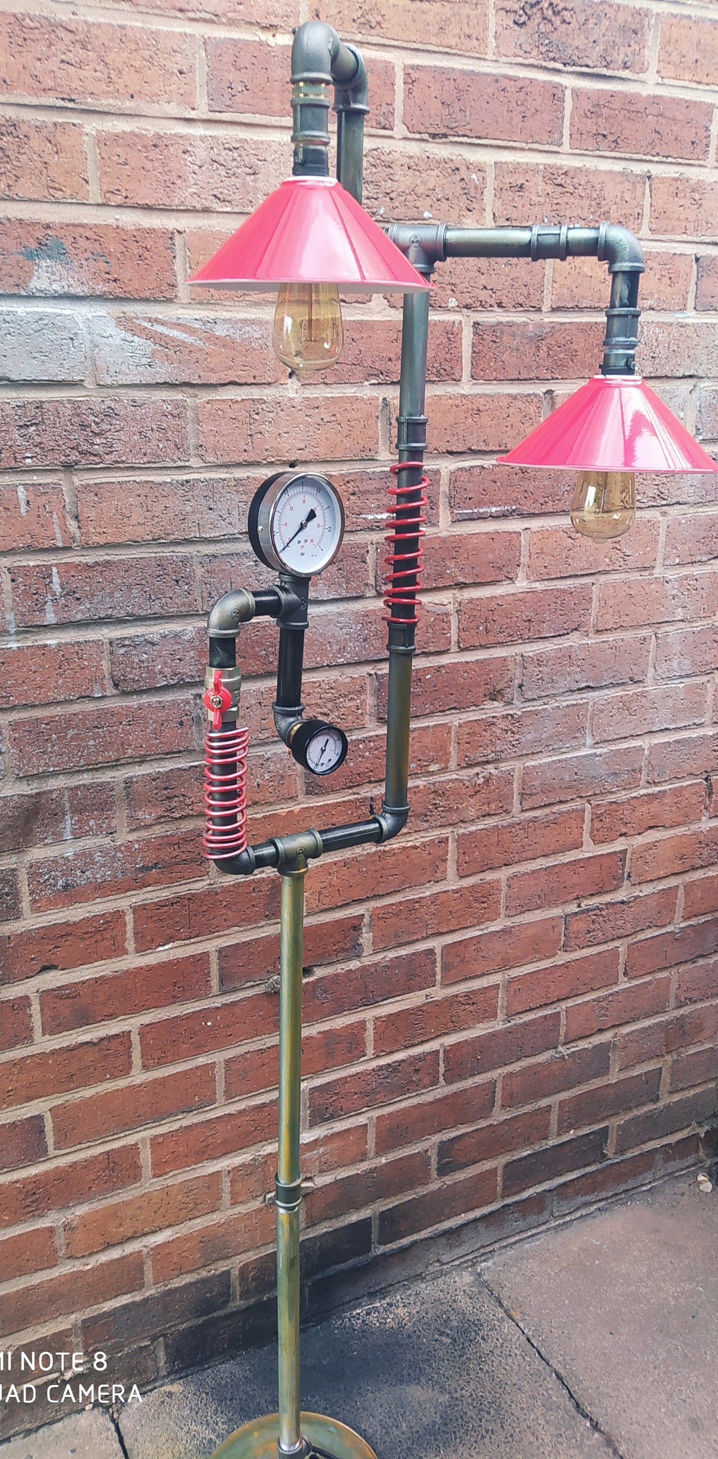 Retro Industrial Steampunk Vintage Floor Lamp with Red Lampshade - Handmade Iron Pipe Lamp with Vintage Patina Finish - Edison Bulbs and
