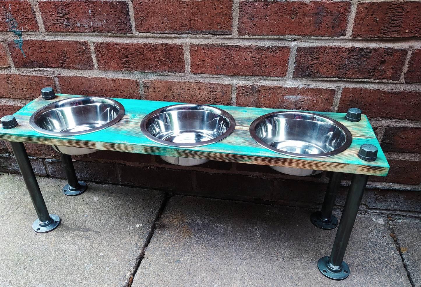 Handmade Industrial 3 Bowl Dog Feeder with Personalization Option