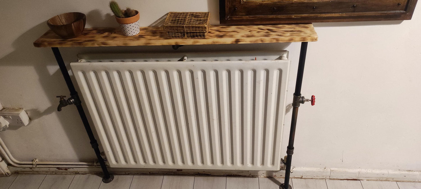 Industrial Burned Pine Wood Radiator Table with Industrial Pipe Legs and Quirky Design - Custom Size Options Available
