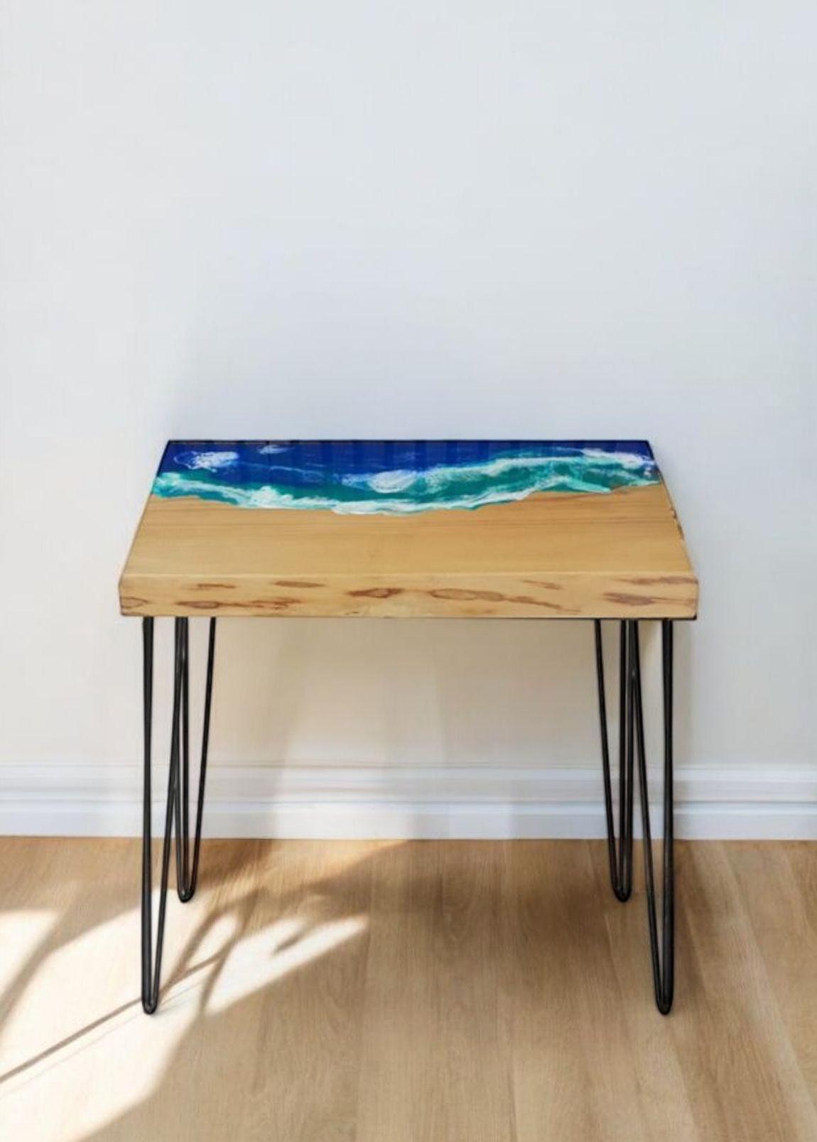 Steampunk Industrial Oak Coffee Table Resin Ocean Waves Effect Lacquered Pin Legs Design