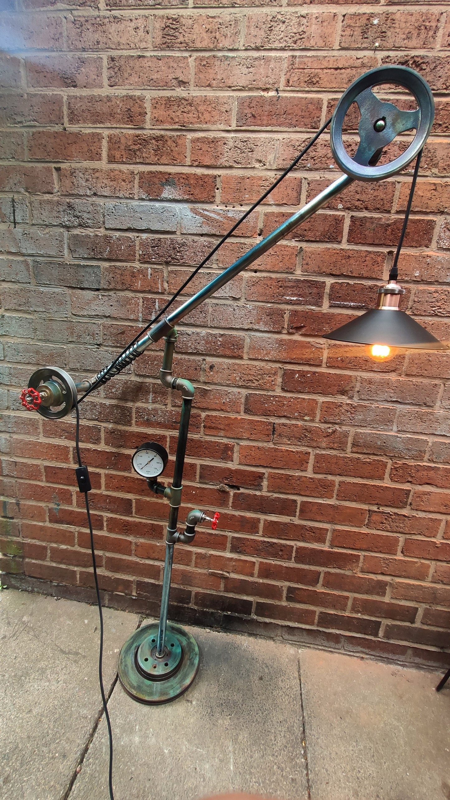 Vintage Industrial Steampunk Floor Lamp with Red Lampshades - Handmade Retro Pipe Pulley Wheel Lighting Fixture - Metal Iron Material