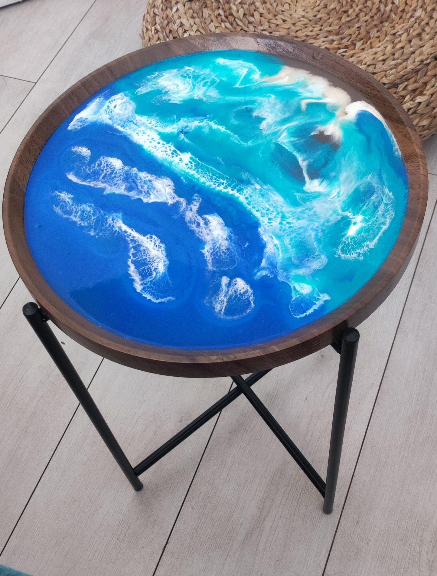 Seaside-Inspired Tray Table | Modern Coastal Bedside Table with Removable Top and Ocean Waves Resin Design
