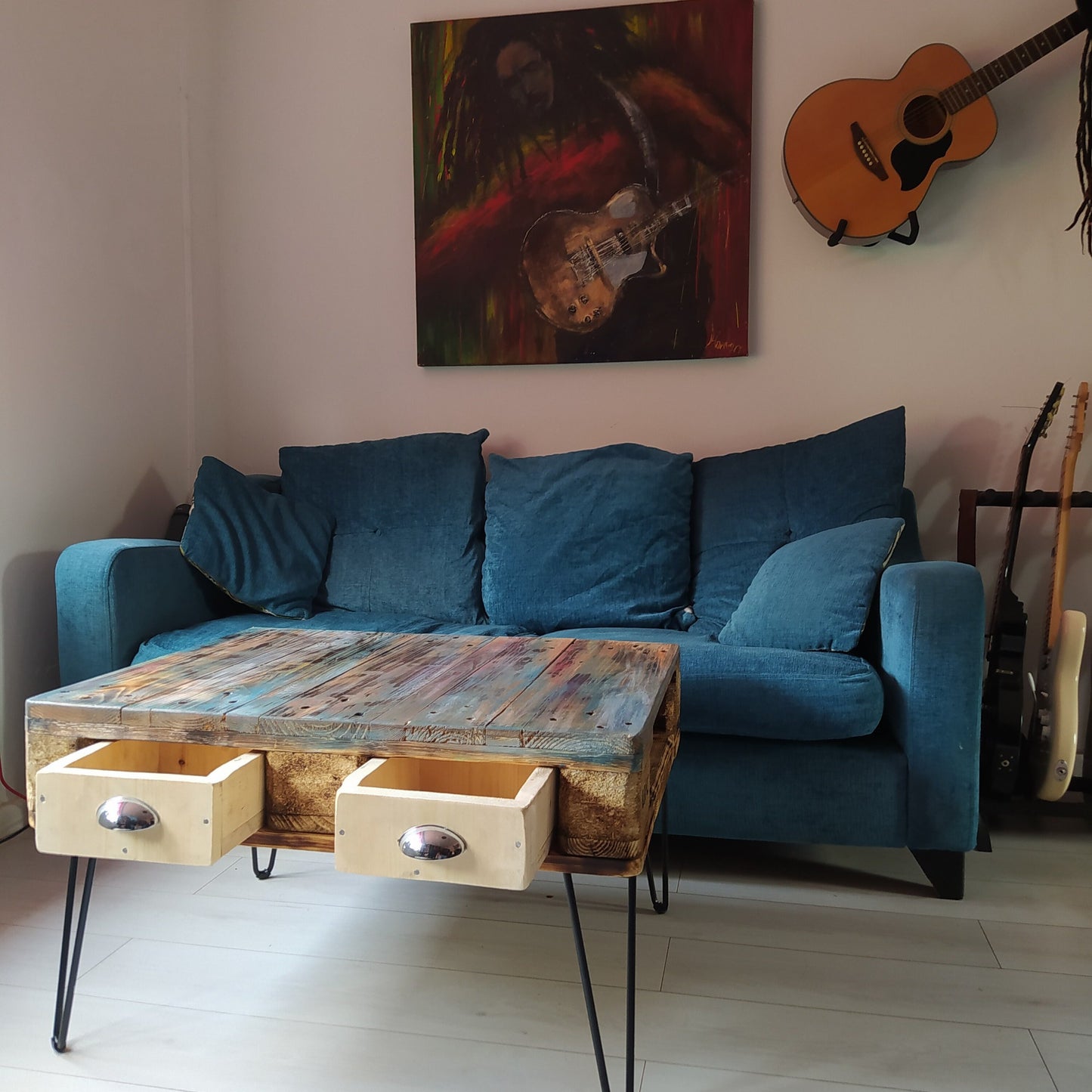 Unique Steampunk Industrial Coffee Table with Recycled Pallet Top and Metal Legs - Quirky Design for Any Room