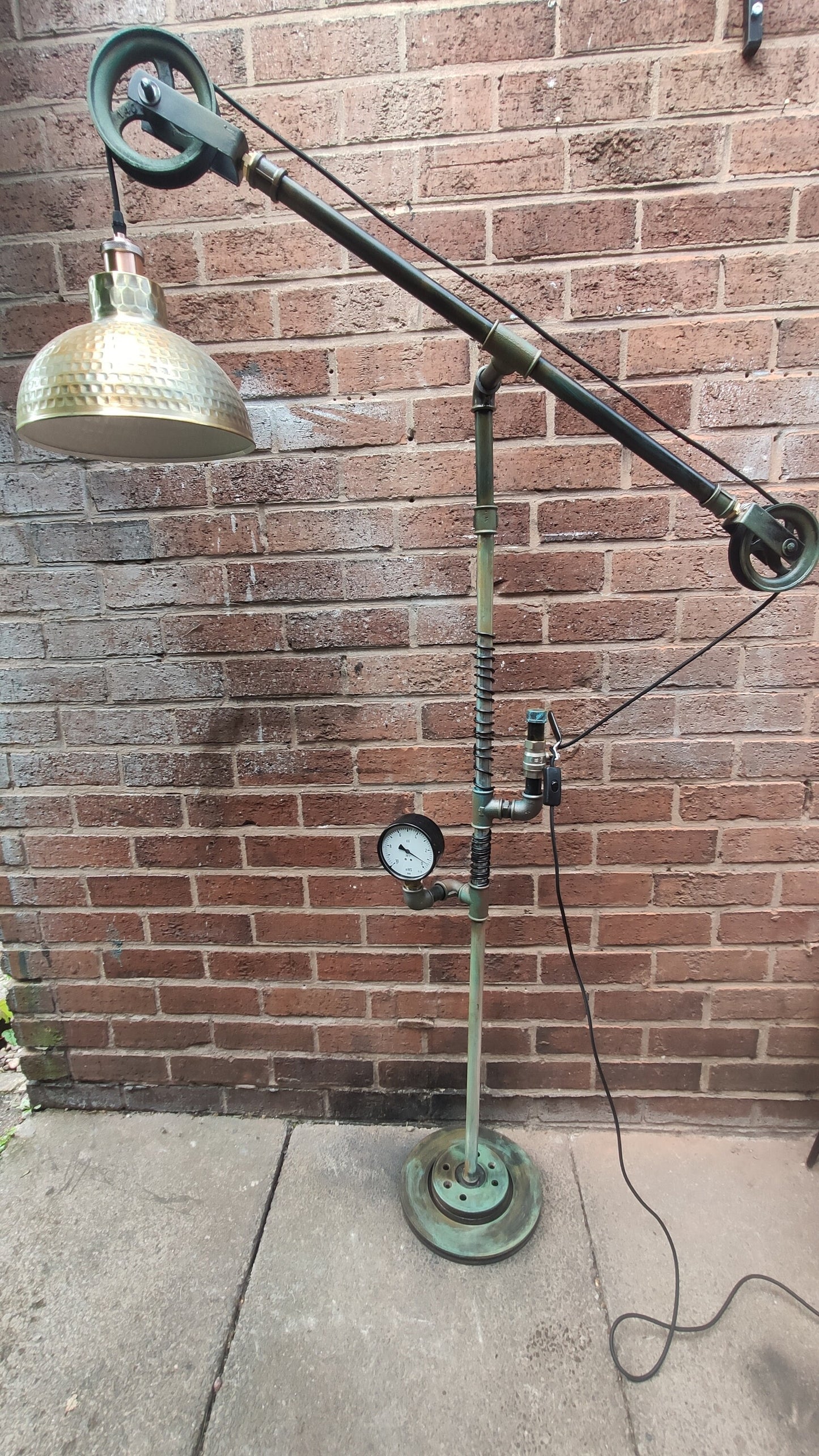 Vintage Industrial Steampunk Floor Lamp with Red Lampshades | Handmade Retro Pipe Design with Pulley Wheel | Iron Material with Vintage