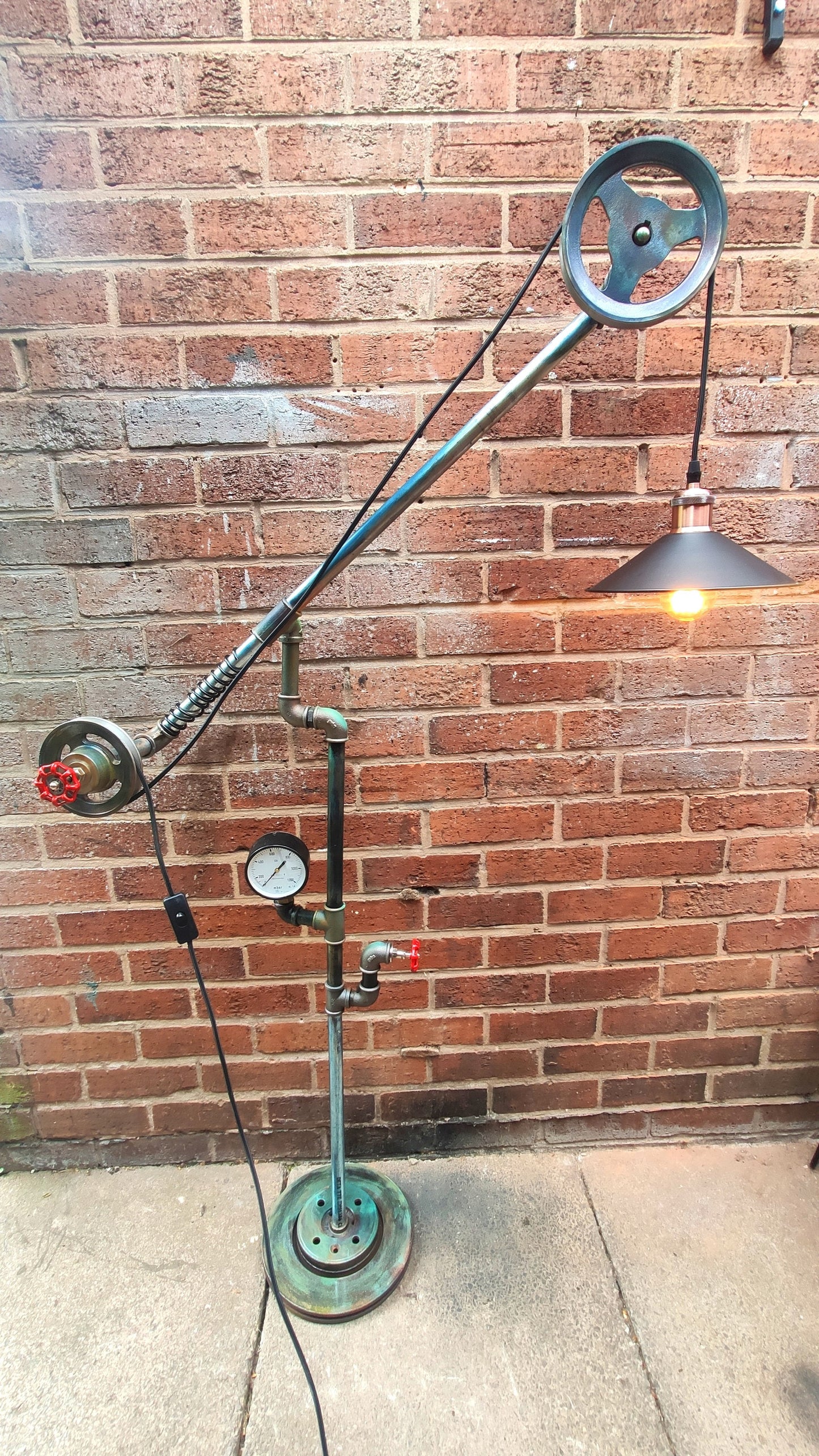 Vintage Industrial Steampunk Floor Lamp with Red Lampshades - Handmade Retro Pipe Pulley Wheel Lighting Fixture - Metal Iron Material