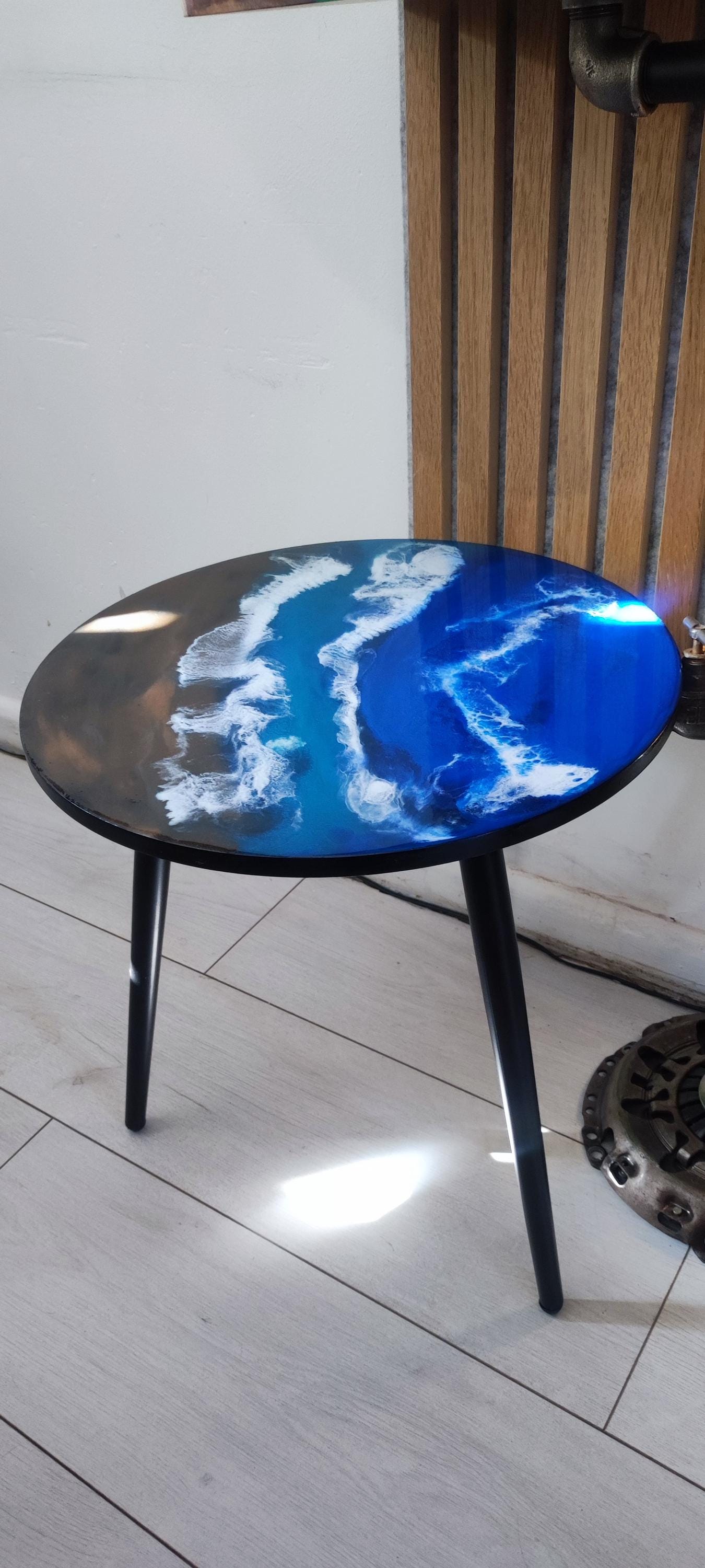 Handcrafted Resin Coffee Table with Sea Art Inspiration on Metal Legs - Retro Coastal Bedside Table with Natural Sand Art Detail