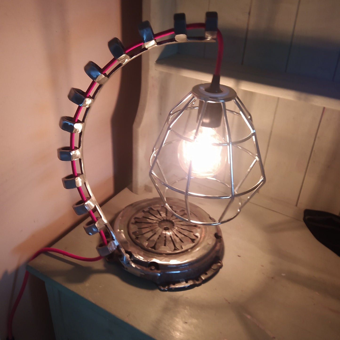 Vintage Industrial Steampunk Metal Table Lamp - Handmade Recycled Welded Floor Lamp with Antique Edison Bulb and Vintage Patina Finish