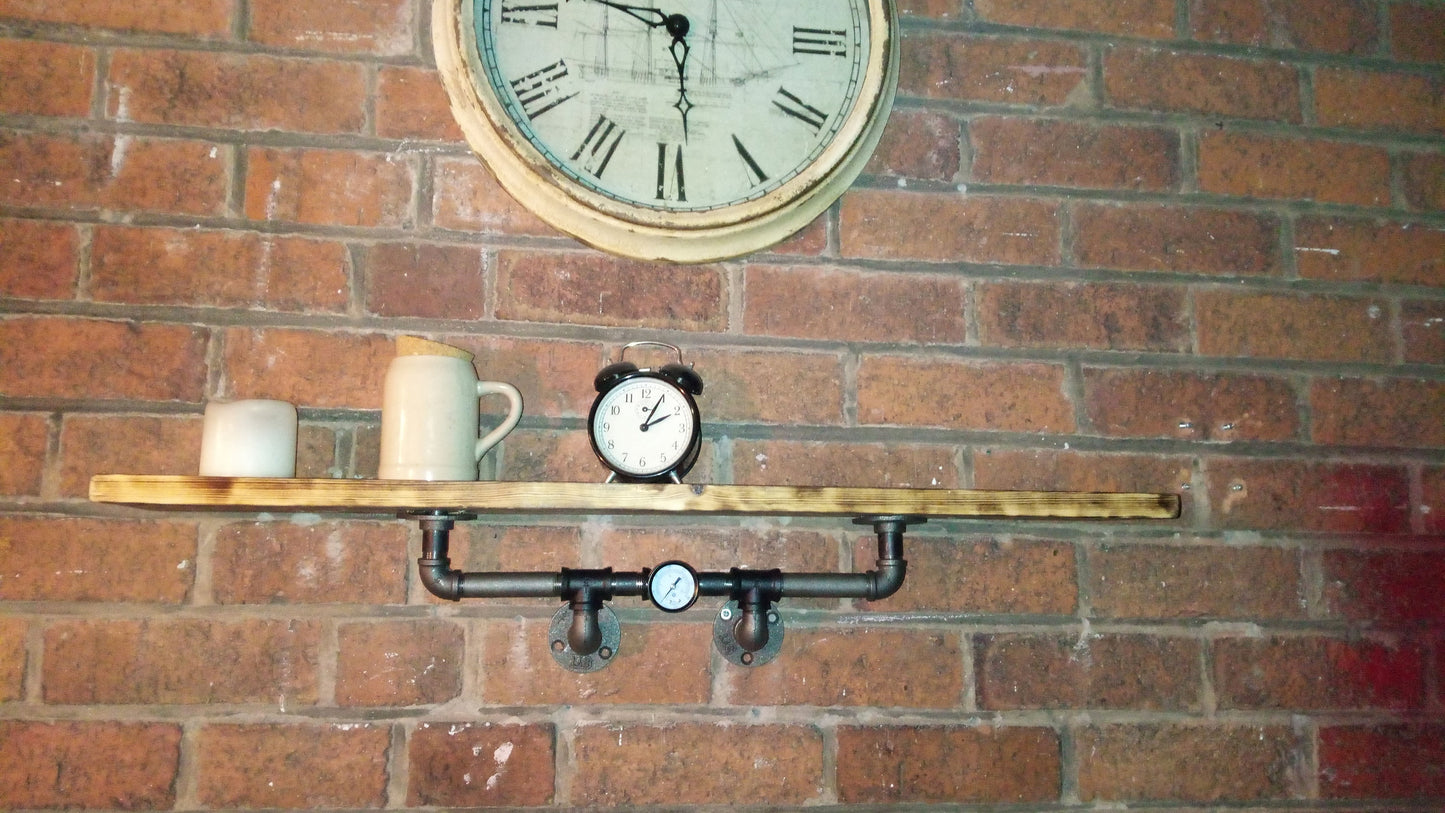 Industrial Steampunk Burnt Wood Pipe Shelf - Retro Design with Malleable Steel Fittings and Wax Oil Finish