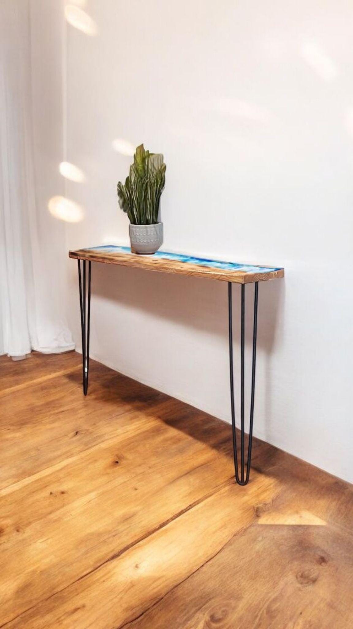 Handmade Industrial Burned Pine Wood Ocean Console Table with Pin Legs - Custom Sizes Available