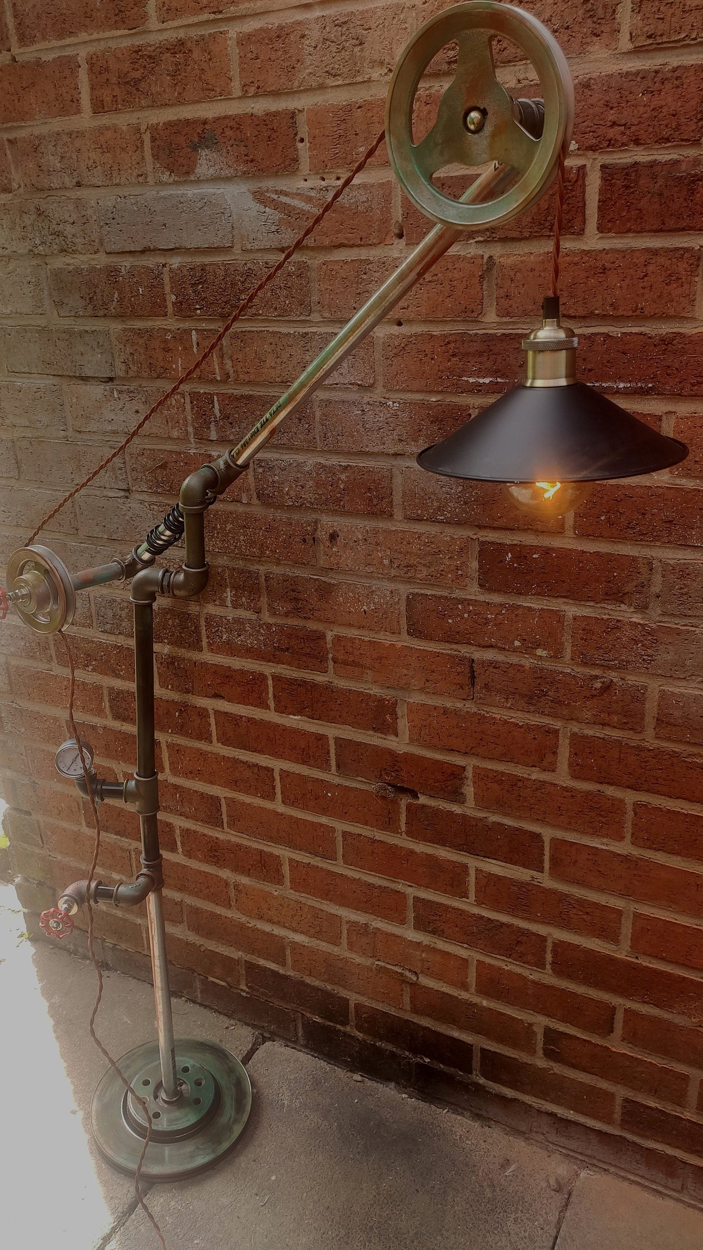 Vintage Industrial Steampunk Floor Lamp with Red Lampshade - Handmade Metal Pipe Design, Patina Finish, Edison Bulb, Easy Assembly