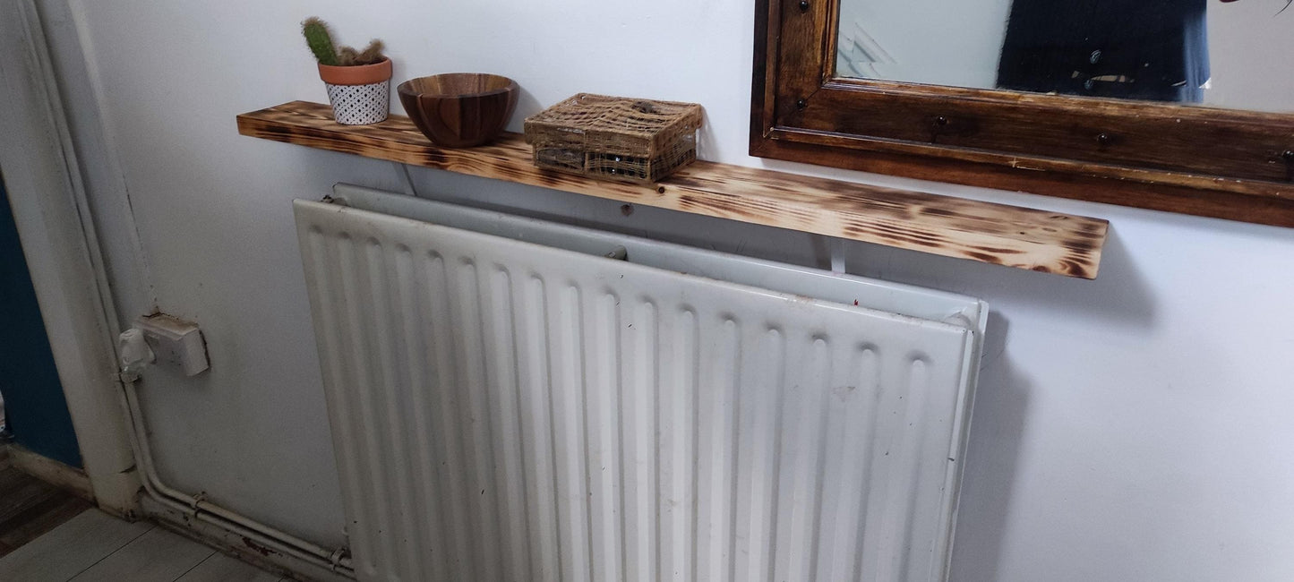 Quirky Industrial Radiator Table with Burned Pine Wood Console Top - No Drilling Needed, Custom Sizes Available