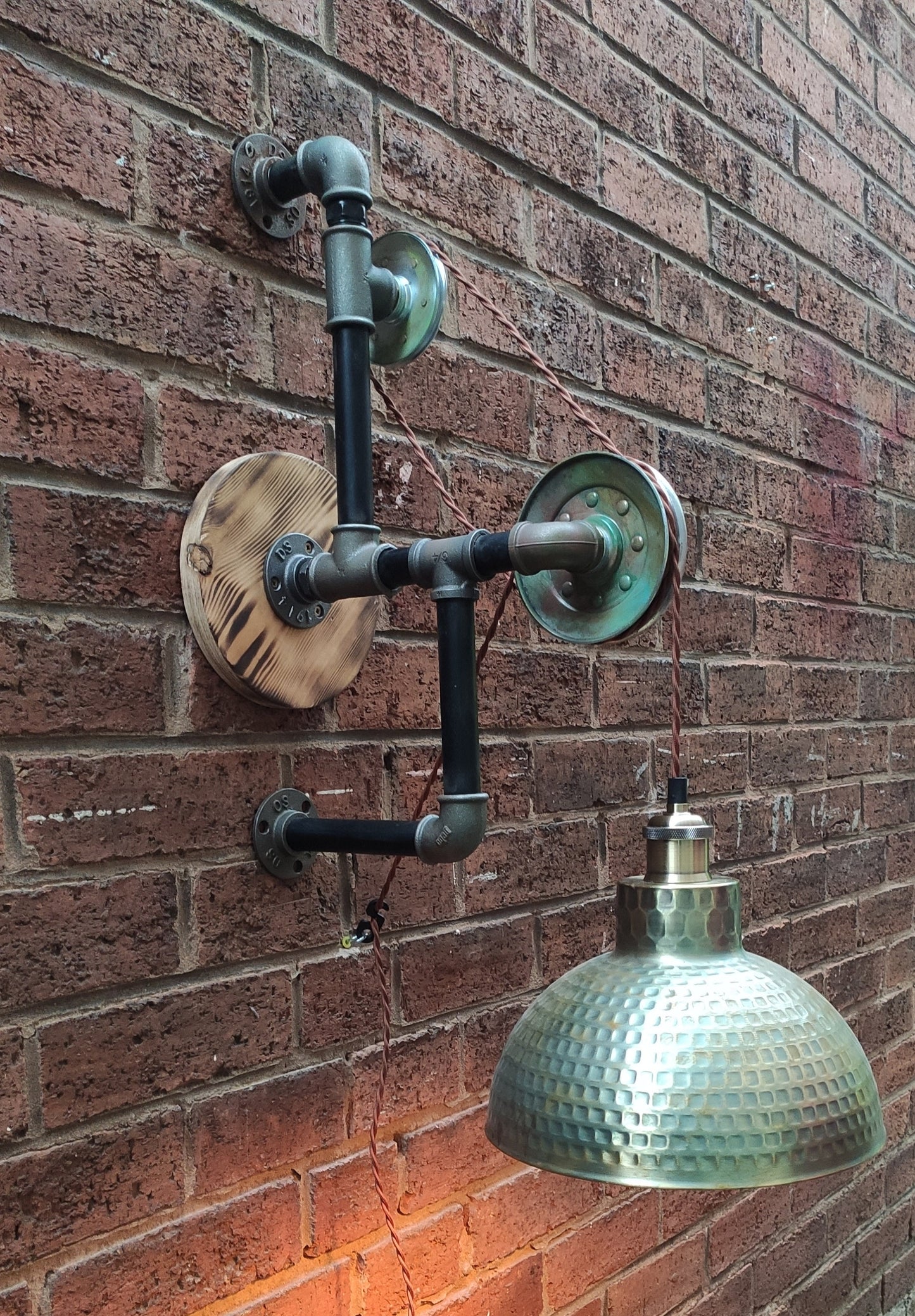 Vintage Industrial Steampunk Hanging Lamp with Red Lampshades - Handmade Retro Pipe Design with Pulley Wheel and Patina Finish - Vintage