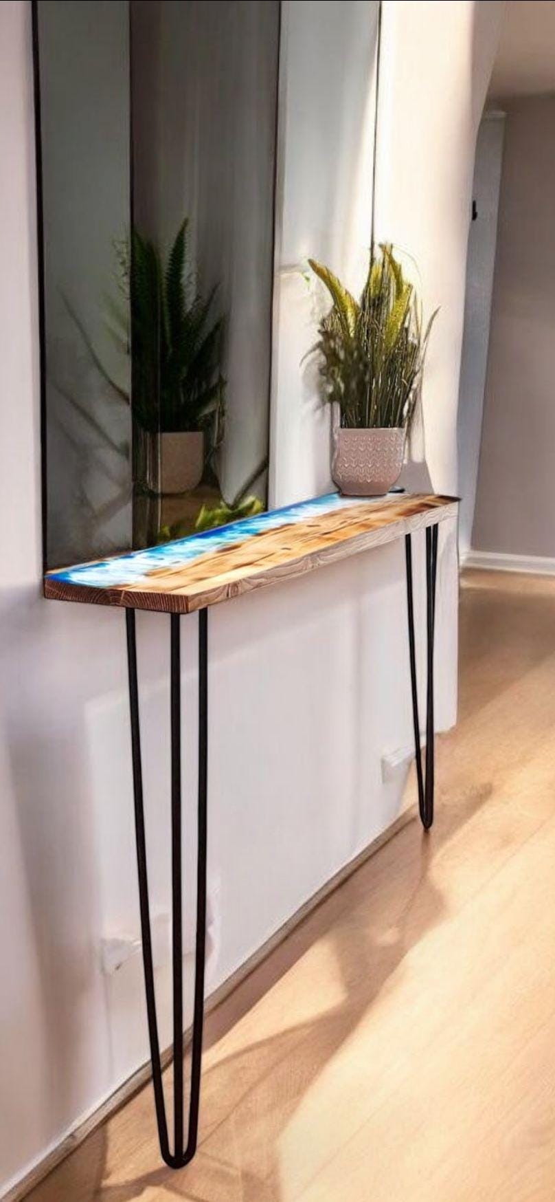 Handmade Industrial Burned Pine Wood Ocean Console Table with Pin Legs - Custom Sizes Available