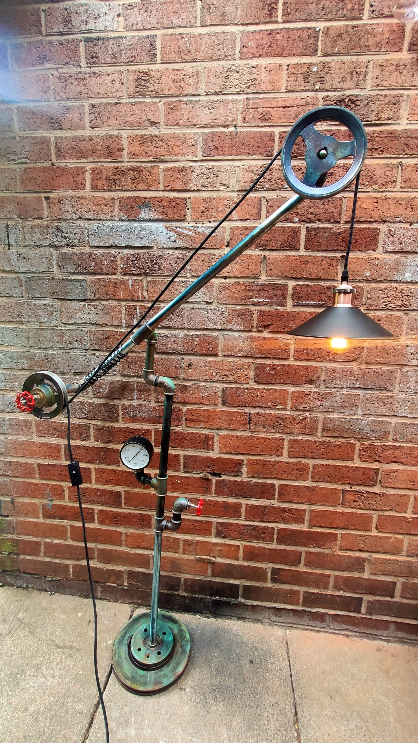 Vintage Industrial Steampunk Floor Lamp with Red Lampshades - Handmade Retro Pipe Pulley Wheel Lighting Fixture - Metal Iron Material