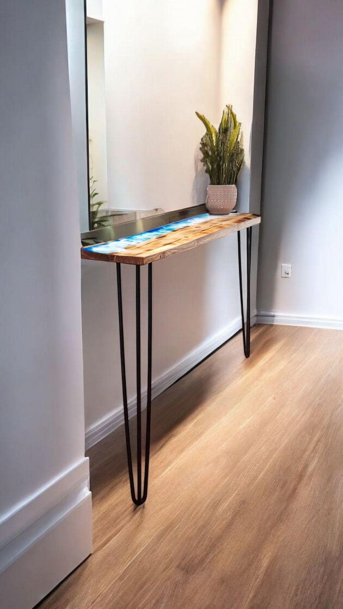 Handmade Industrial Burned Pine Wood Ocean Console Table with Pin Legs - Custom Sizes Available