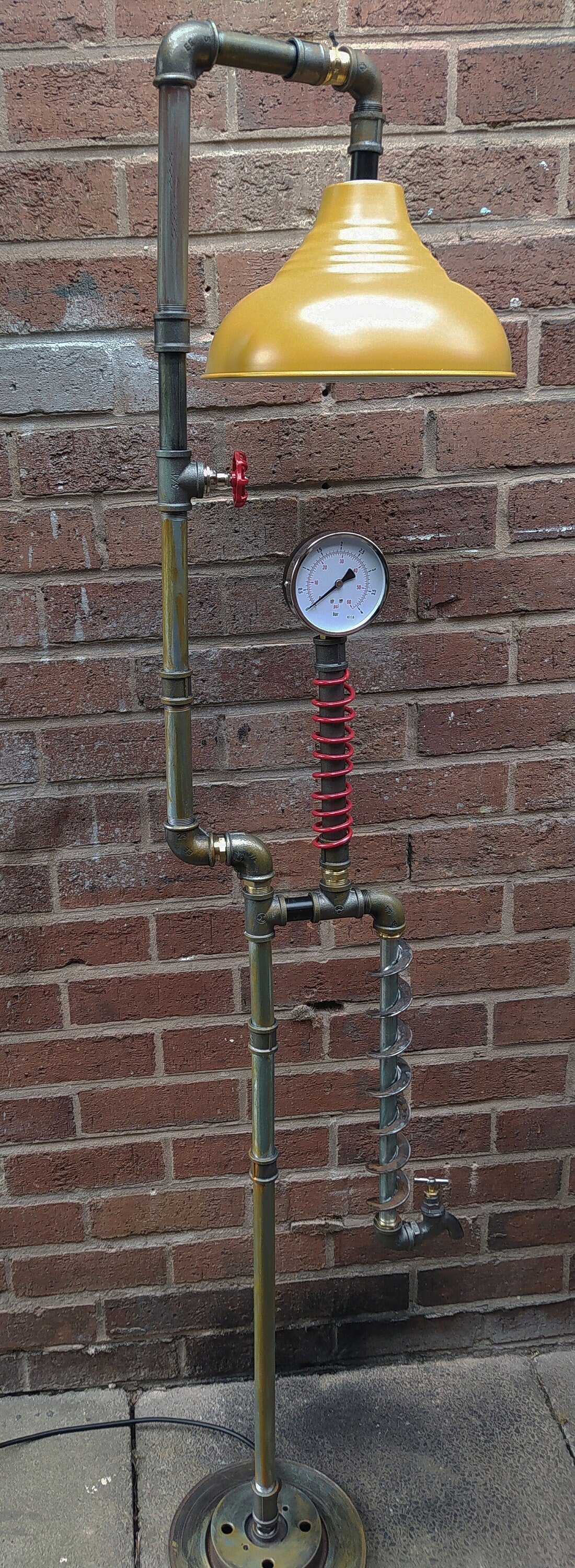 Handmade Industrial Steampunk Vintage Floor Lamp with Blue Lampshade - Retro Pipe Design - 2x E27 Antique Bulbs - Easy to Operate Switch