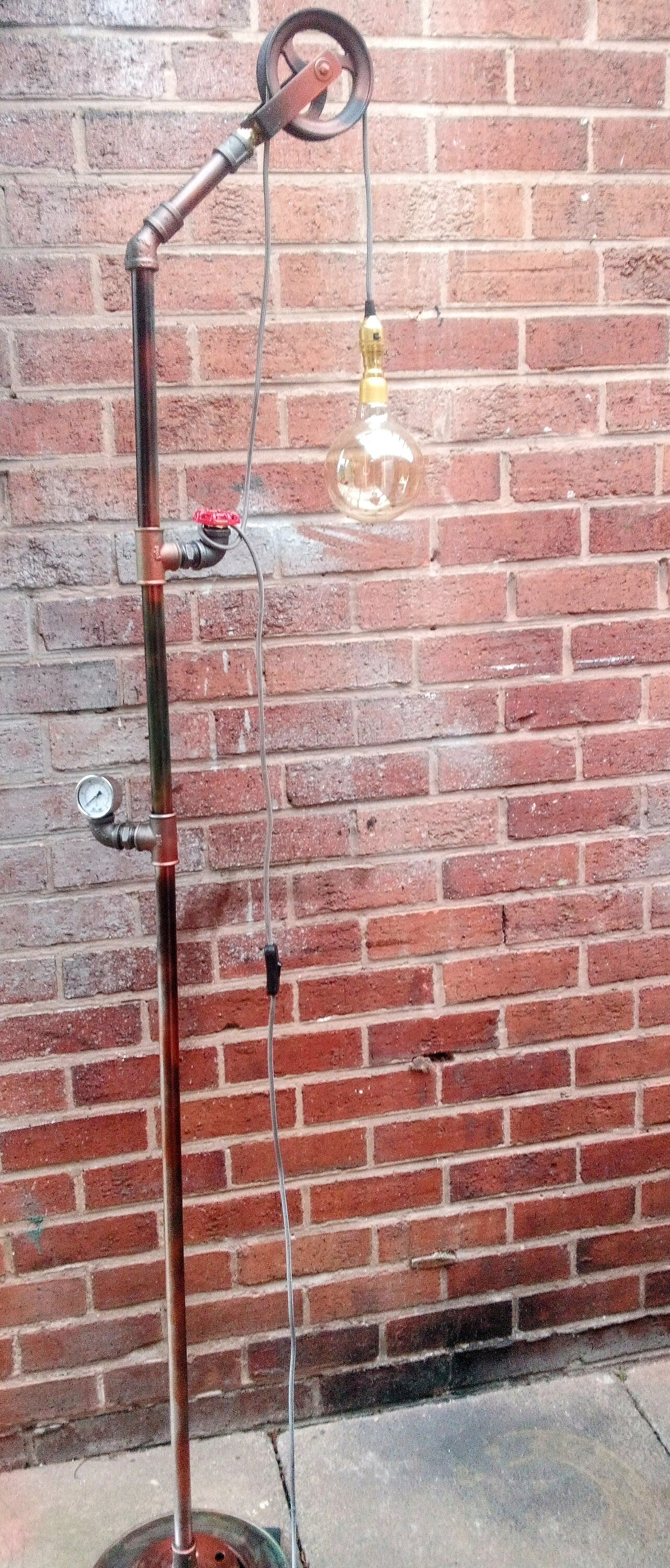 Handmade Industrial Vintage Steampunk Floor Lamp with Yellow Lampshade - Retro Pipe Design with Patina Finish - Edison Bulbs Included