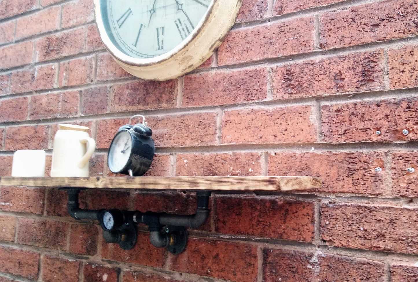 Industrial Steampunk Burnt Wood Pipe Shelf - Retro Design with Malleable Steel Fittings and Wax Oil Finish