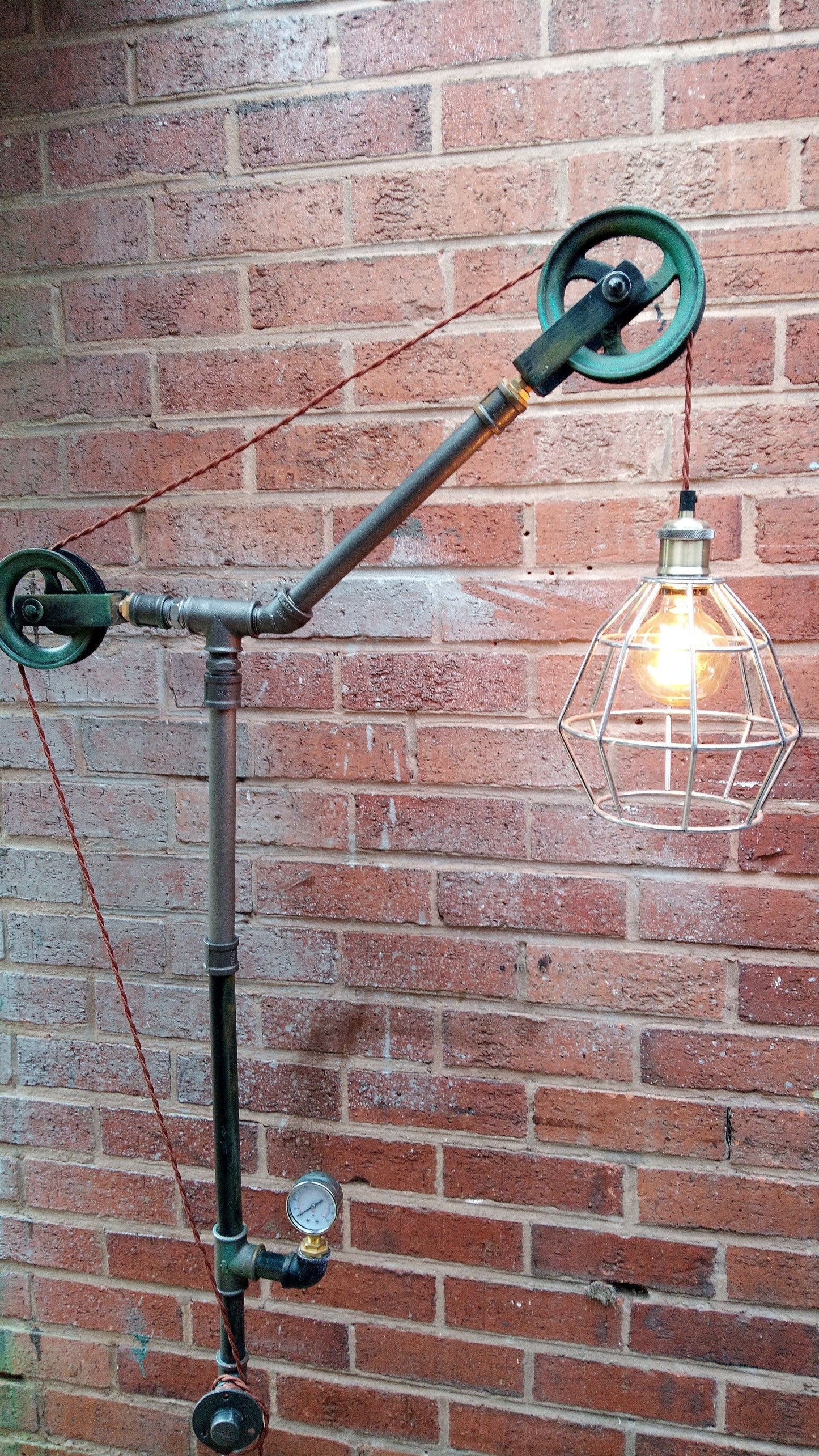 Handmade Industrial Steampunk Pipe Floor Lamp with Vintage Yellow Lampshade