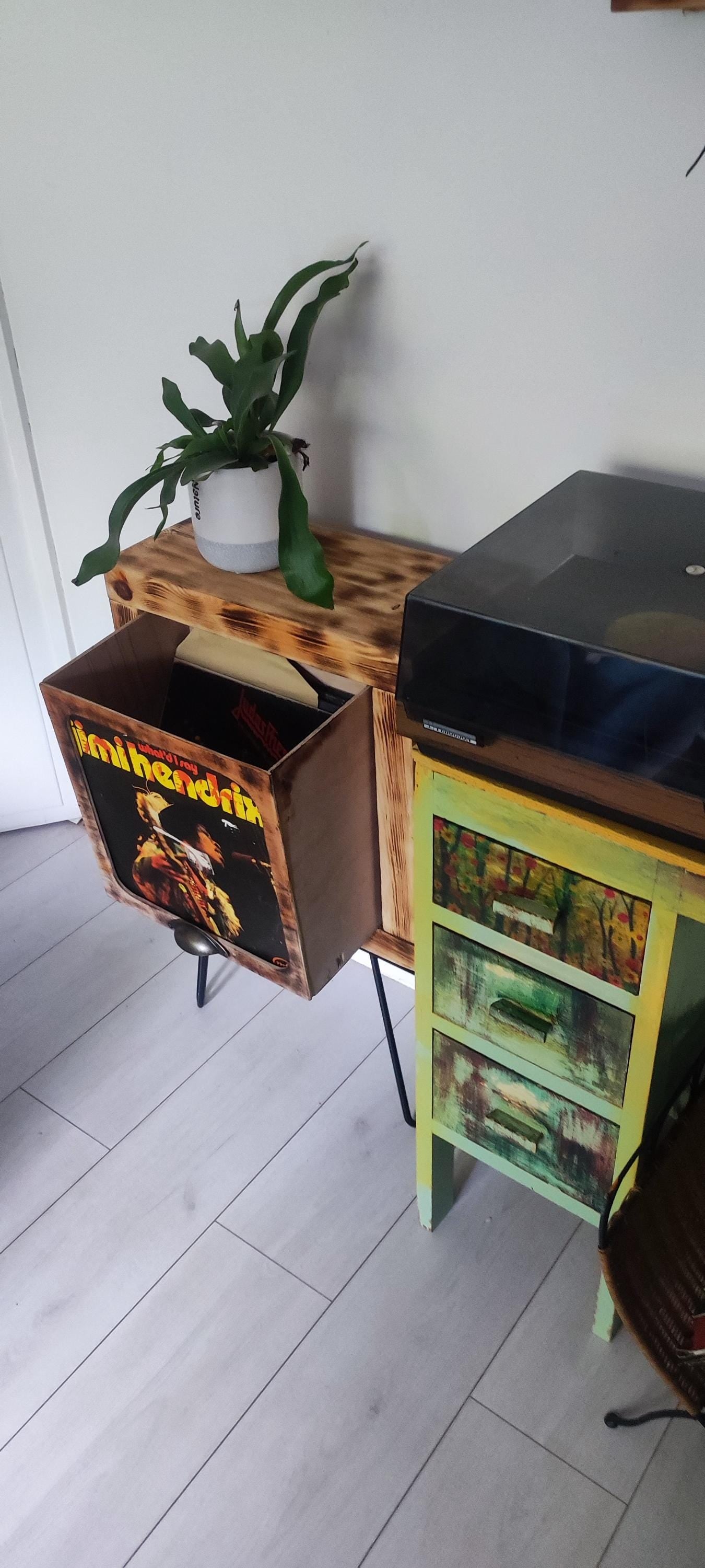 Vinyl Record Stand with Storage and Shelf - Handmade Burned Wood Design with Presentation Window - Custom Leg Color Options