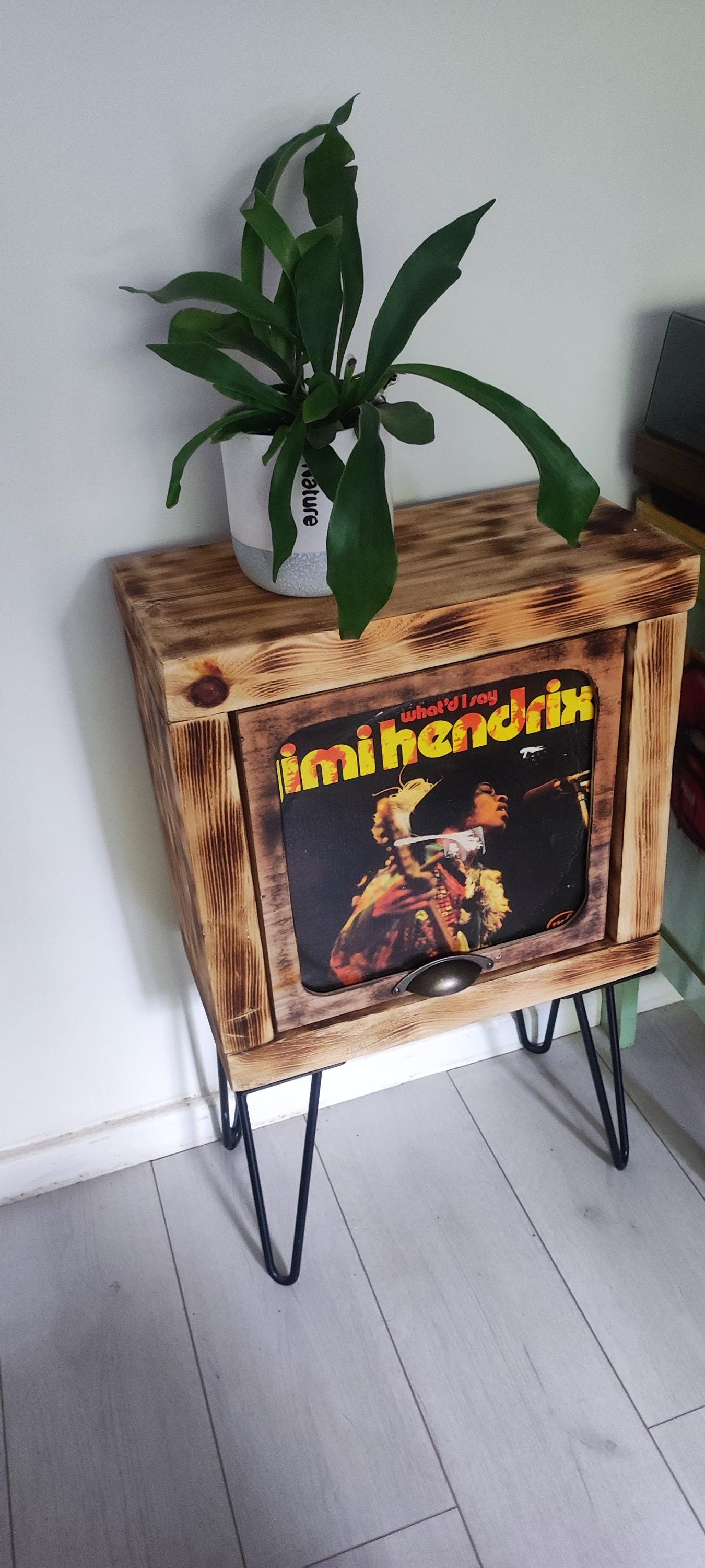 Vinyl Record Stand with Storage and Shelf - Handmade Burned Wood Design with Presentation Window - Custom Leg Color Options