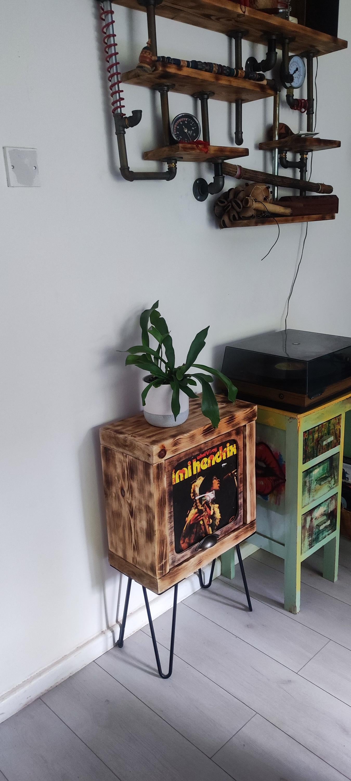 Vinyl Record Stand with Storage and Shelf - Handmade Burned Wood Design with Presentation Window - Custom Leg Color Options