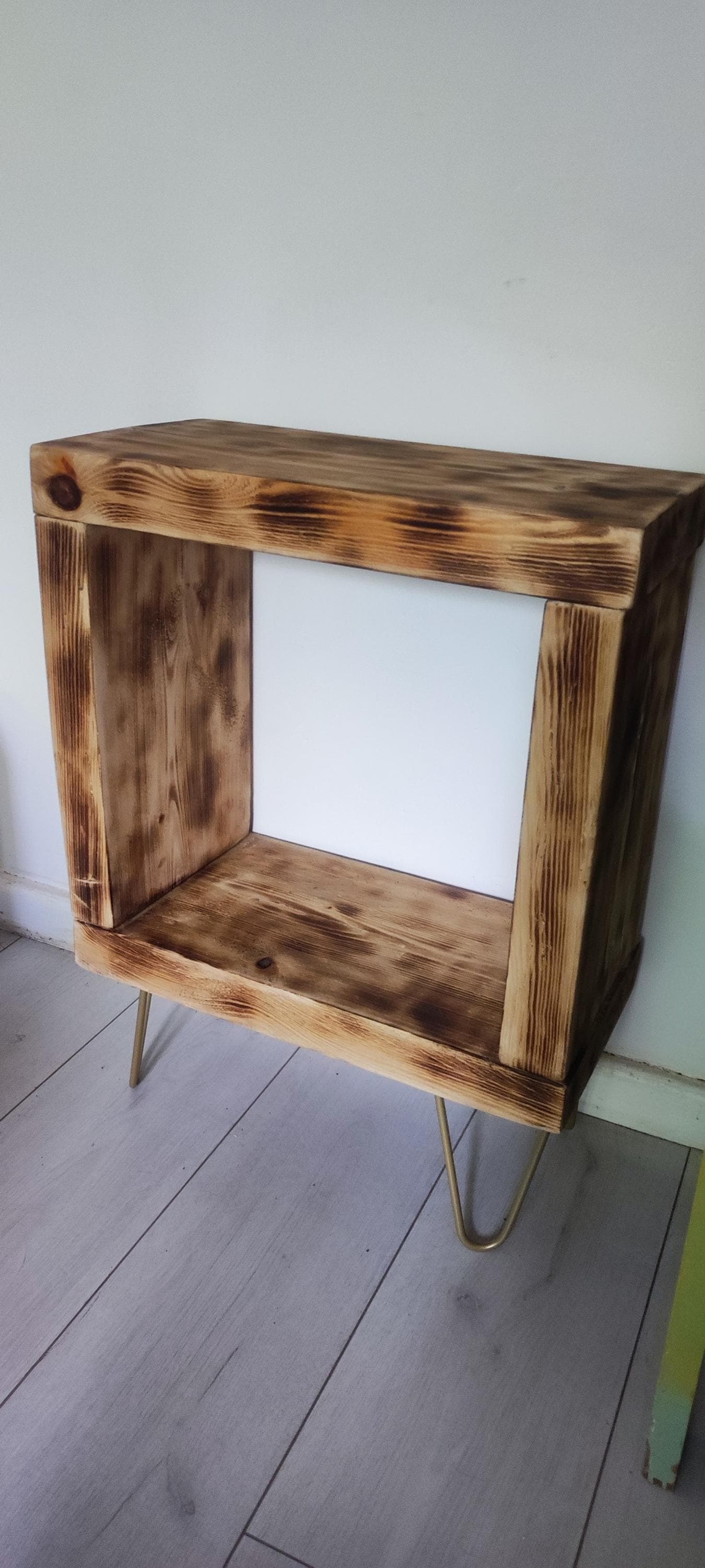 Vinyl Record Stand with Storage, Shelf, and Presentation Window - Customizable Legs - Burned Wood Design - Unique Gift for Collectors
