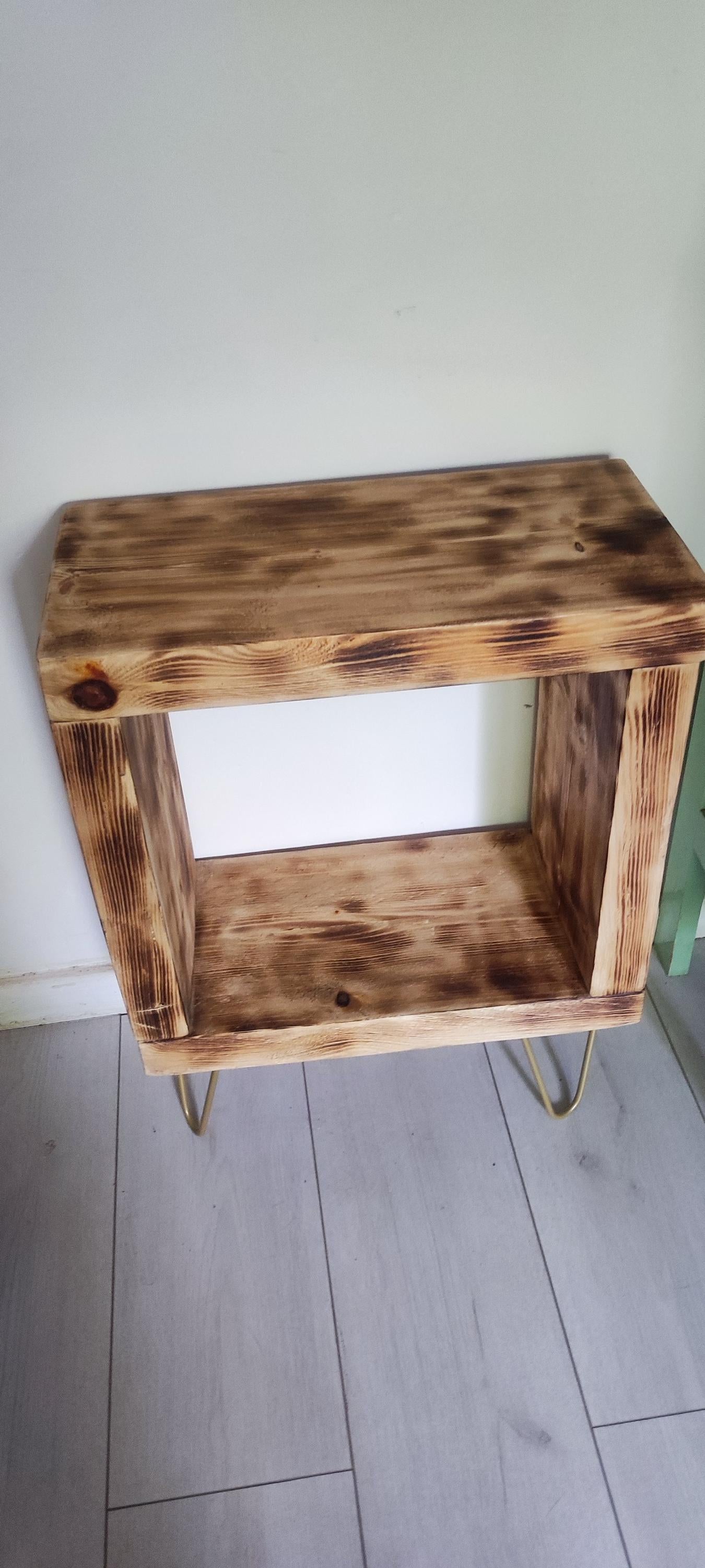 Vinyl Record Stand with Storage, Shelf, and Presentation Window - Customizable Legs - Burned Wood Design - Unique Gift for Collectors