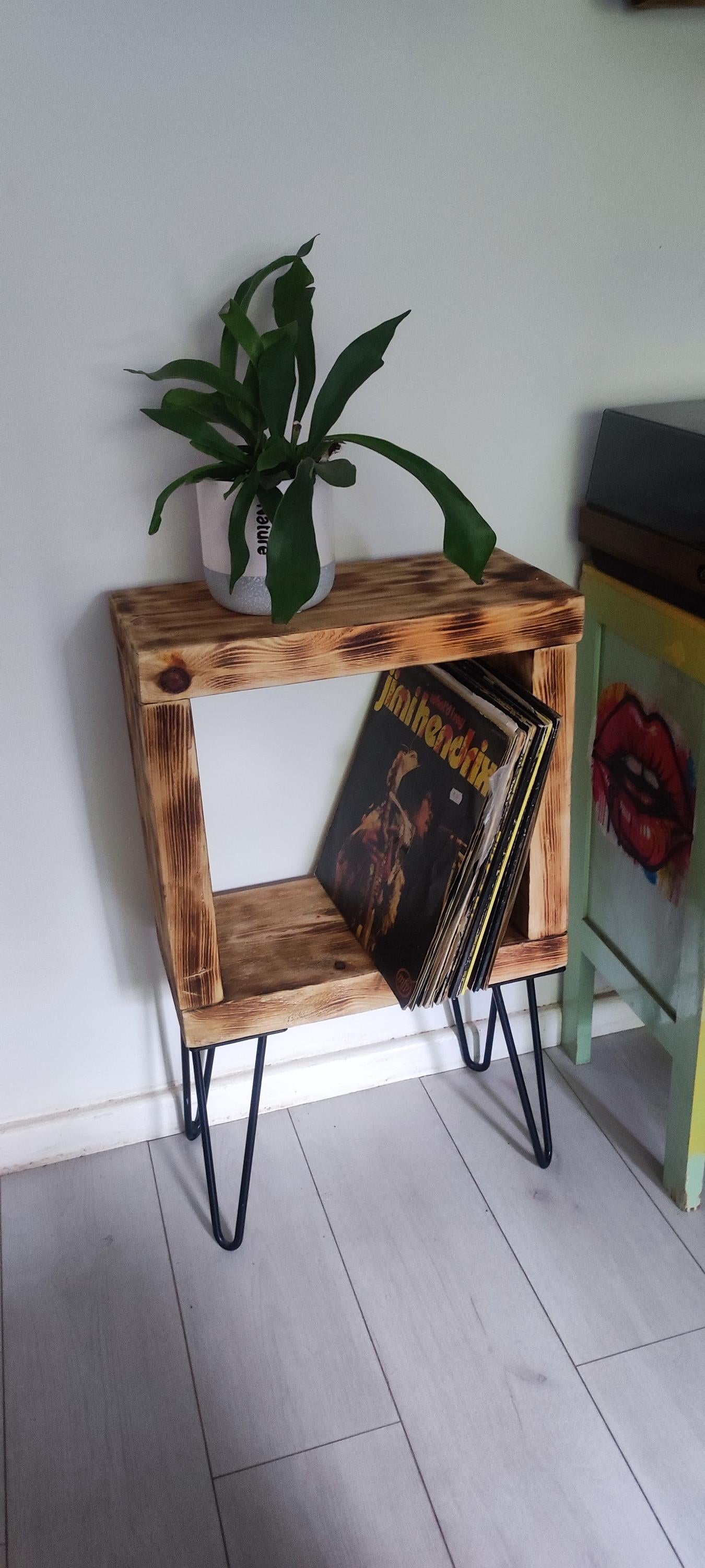 Vinyl Record Stand with Storage, Shelf, and Presentation Window - Customizable Legs - Burned Wood Design - Unique Gift for Collectors