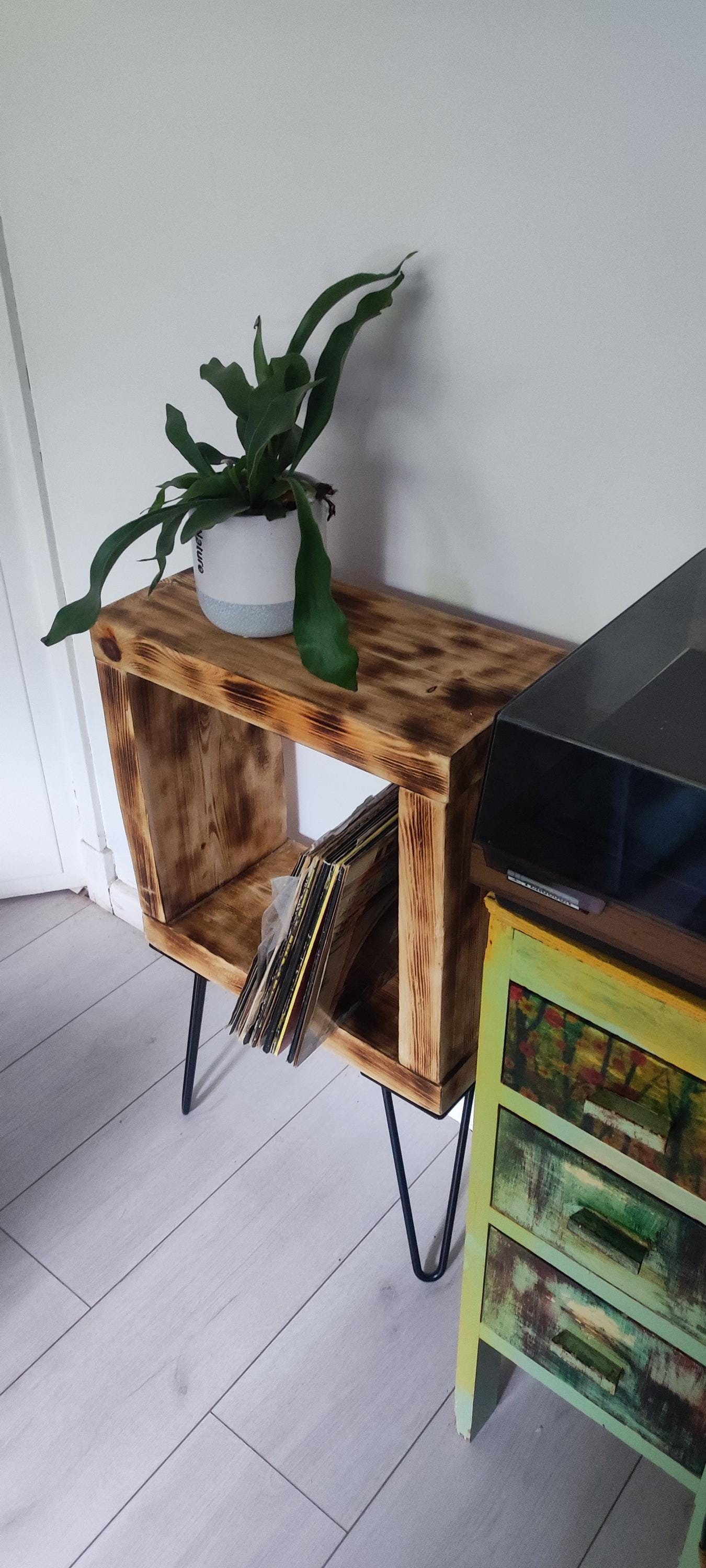 Vinyl Record Stand with Storage, Shelf, and Presentation Window - Customizable Legs - Burned Wood Design - Unique Gift for Collectors