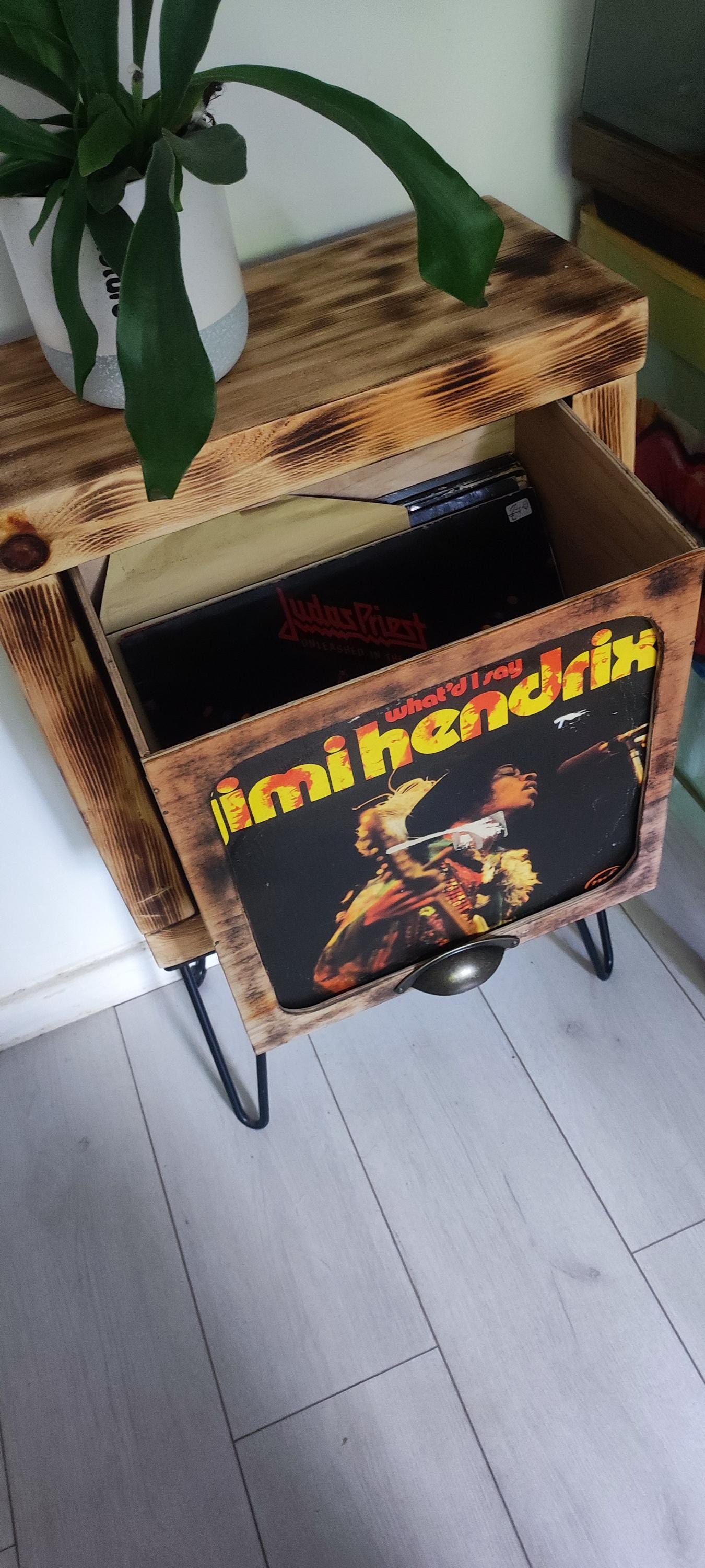 Vinyl Record Stand with Storage and Shelf - Handmade Burned Wood Design with Presentation Window - Custom Leg Color Options