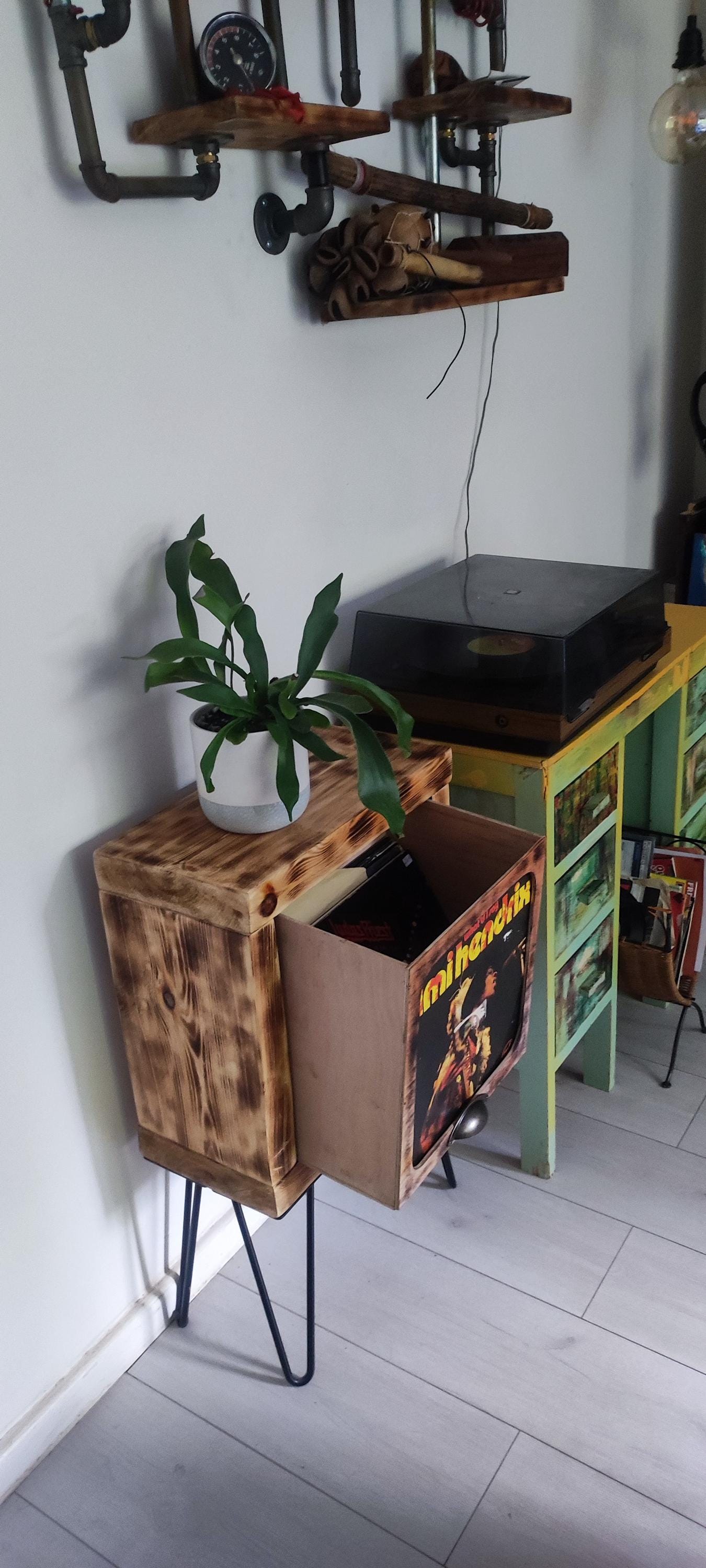 Vinyl Record Stand with Storage and Shelf - Handmade Burned Wood Design with Presentation Window - Custom Leg Color Options