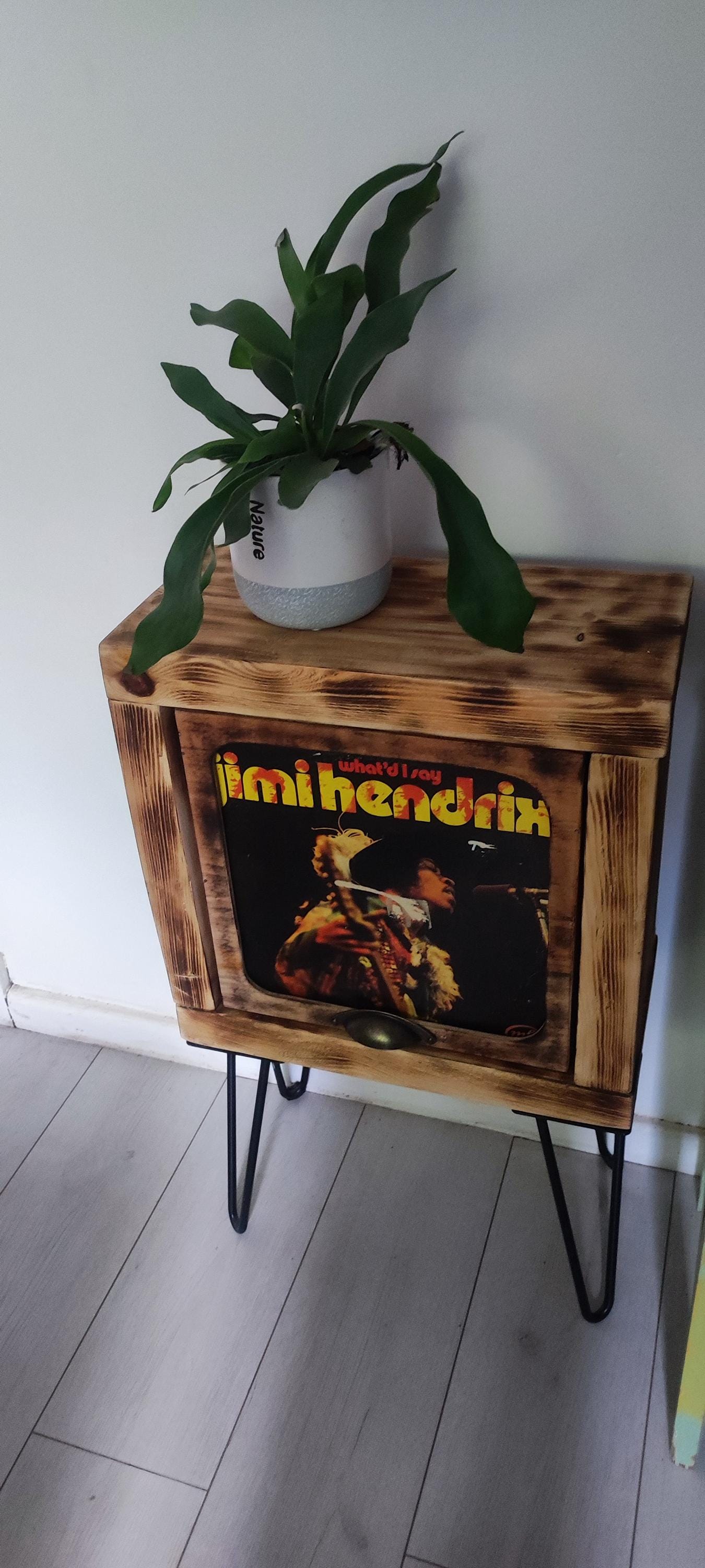 Vinyl Record Stand with Storage and Shelf - Handmade Burned Wood Design with Presentation Window - Custom Leg Color Options