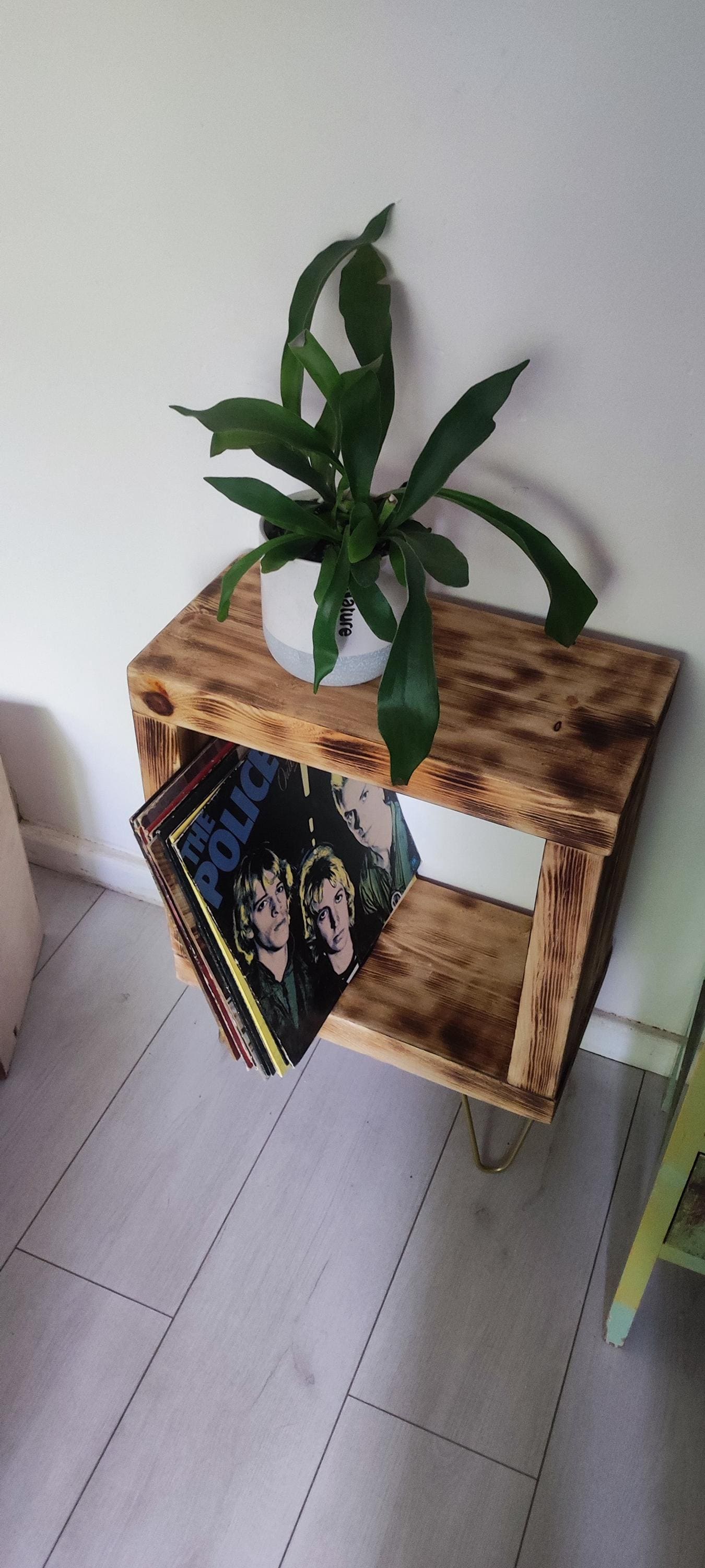 Vinyl Record Stand with Storage, Shelf, and Presentation Window - Customizable Legs - Burned Wood Design - Unique Gift for Collectors