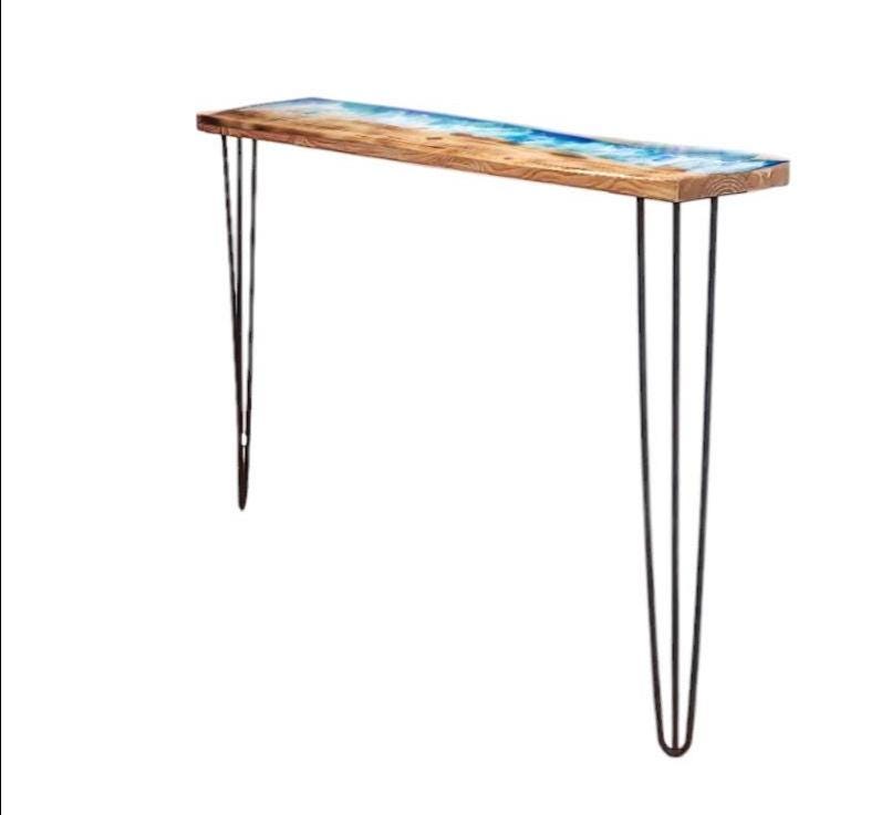 Handmade Industrial Burned Pine Wood Ocean Console Table with Pin Legs - Custom Sizes Available