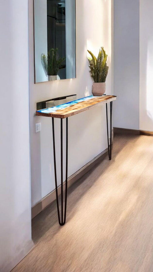 Handmade Industrial Burned Pine Wood Ocean Console Table with Pin Legs - Custom Sizes Available