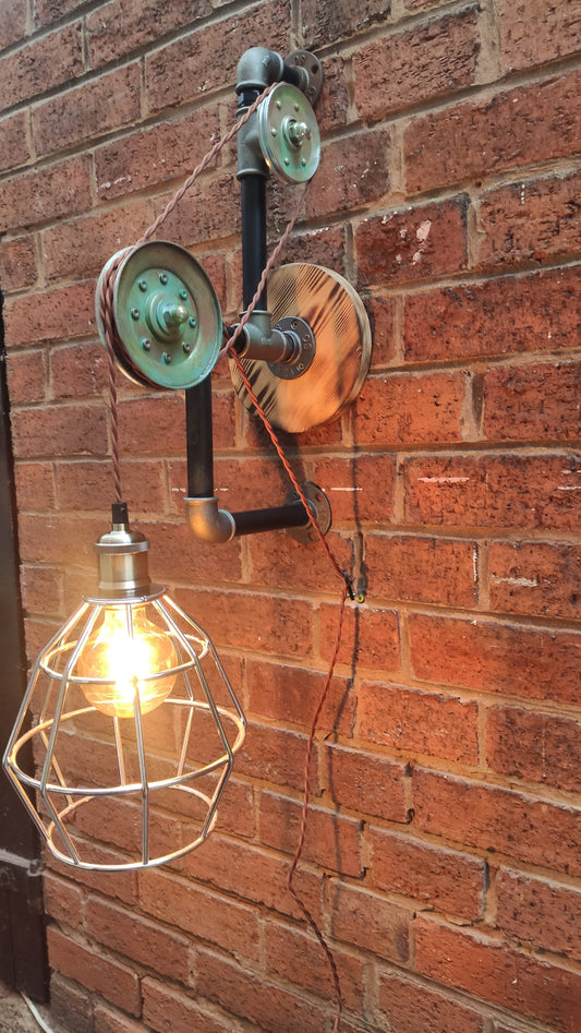Vintage Industrial Steampunk Hanging Lamp with Red Lampshades - Handmade Retro Pipe Design with Pulley Wheel and Patina Finish - Vintage