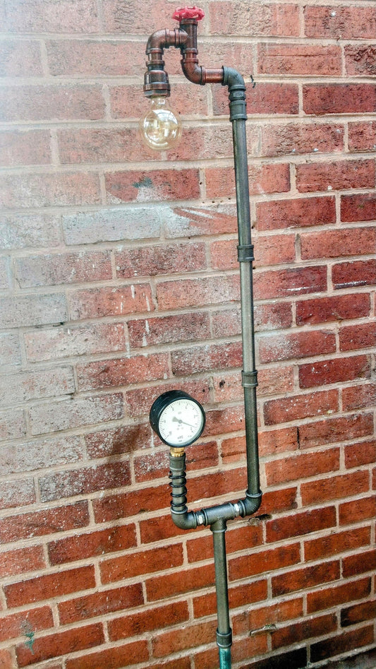 Retro Industrial Steampunk Floor Lamp with Yellow Lampshade and Vintage Patina Finish - Handmade Iron Lighting Fixture