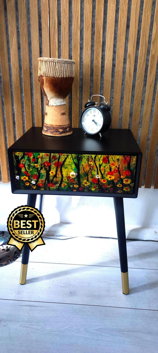 Hand Painted Retro Bedside Table - Custom Color and Design Options Available, Choose Your Legs - Transform Your Bedroom Décor!