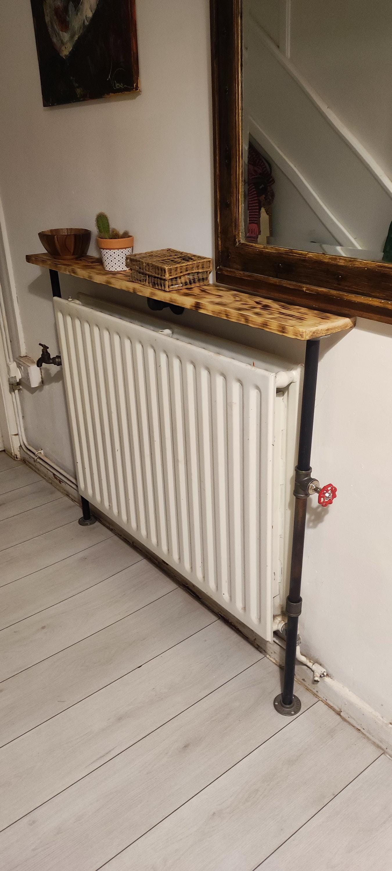 Industrial Burned Pine Wood Radiator Table with Industrial Pipe Legs and Quirky Design - Custom Size Options Available