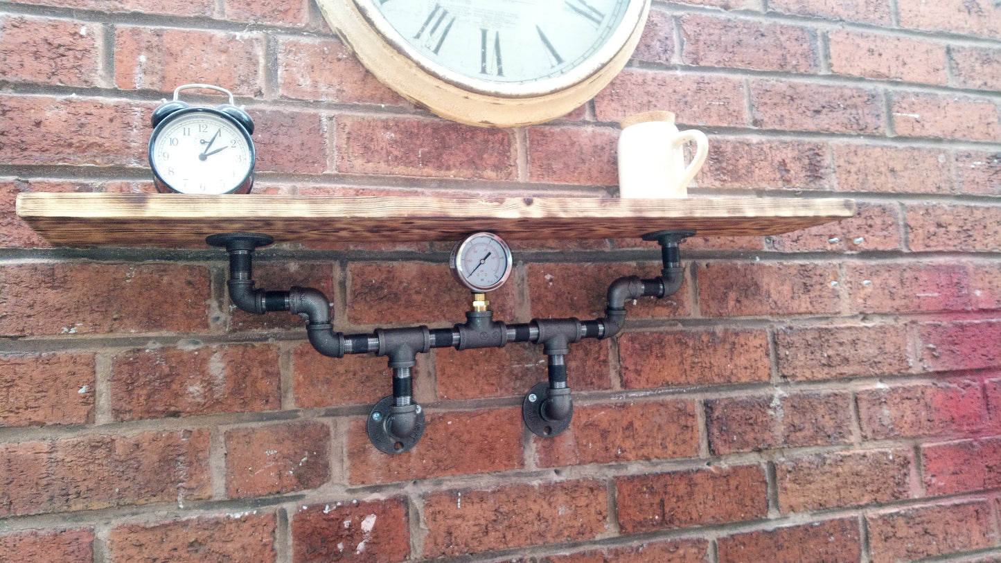 Steampunk Industrial Retro Shelf - Handcrafted Pine Burned Wood & Steel Pipe Design - Quirky Home Decor Piece with Wax Oil Finish