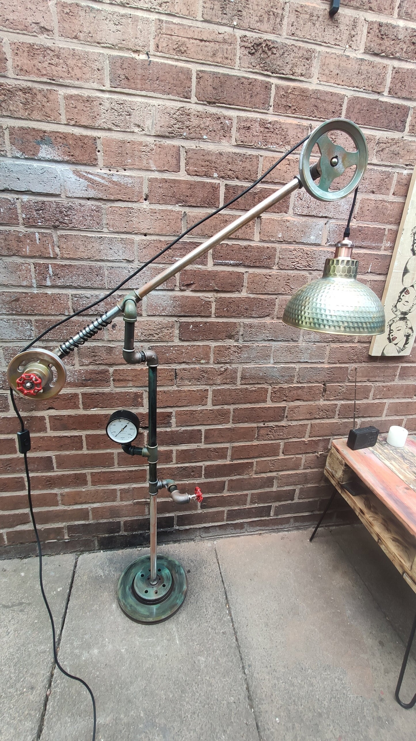 Retro Industrial Steampunk Floor Lamp with Red Lampshades - Handmade Vintage Pipe and Pulley Design - Metal Iron Construction, Patina Finish
