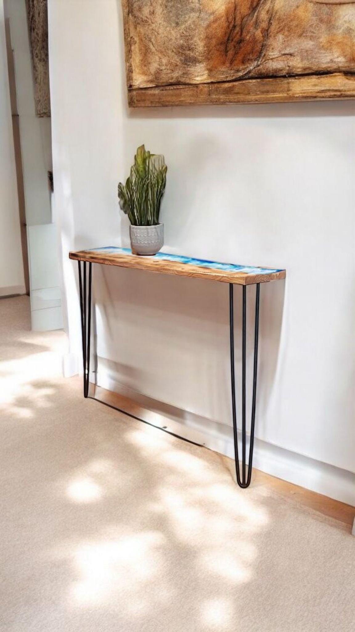 Handmade Industrial Burned Pine Wood Ocean Console Table with Pin Legs - Custom Sizes Available