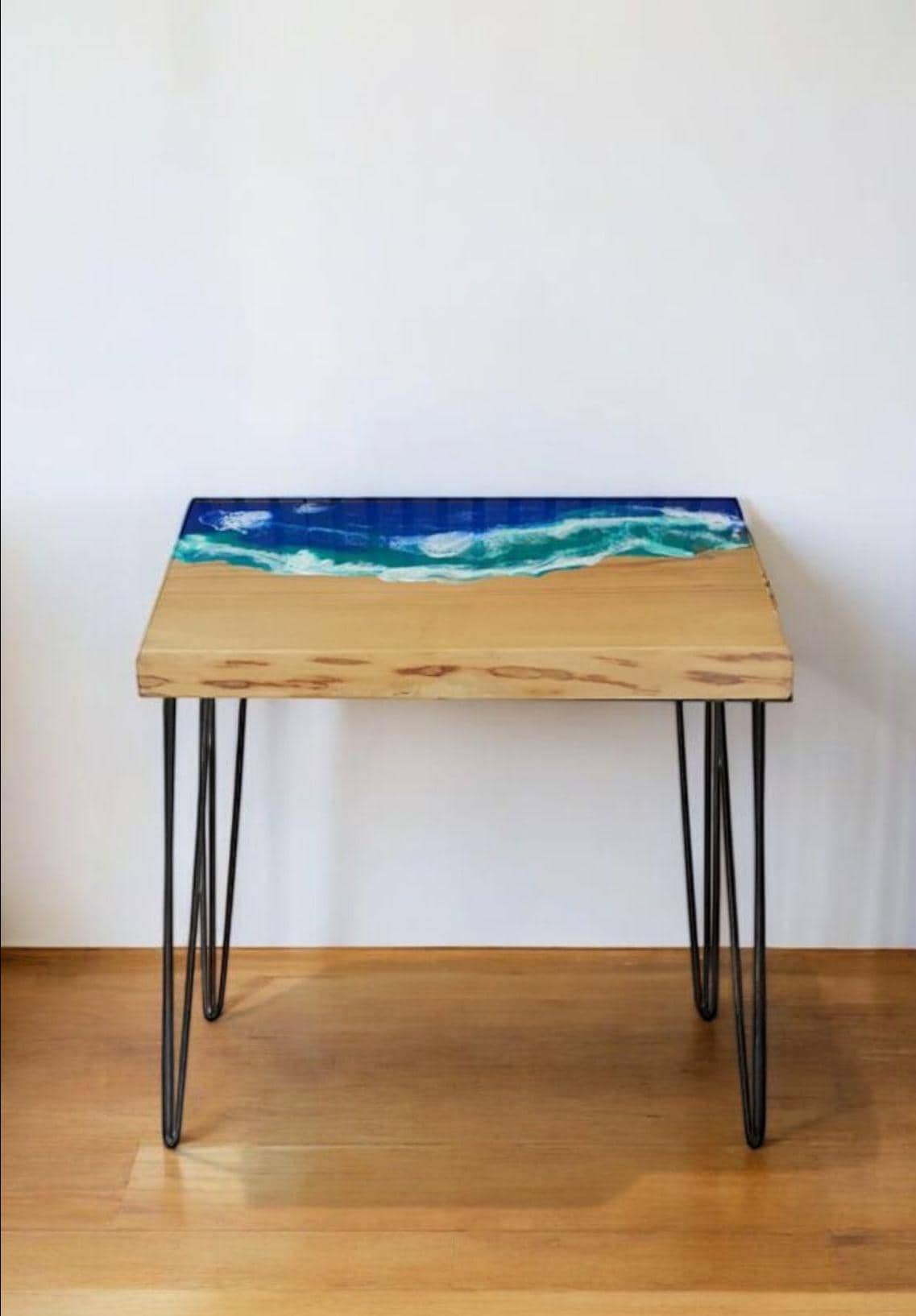 Steampunk Industrial Oak Coffee Table Resin Ocean Waves Effect Lacquered Pin Legs Design