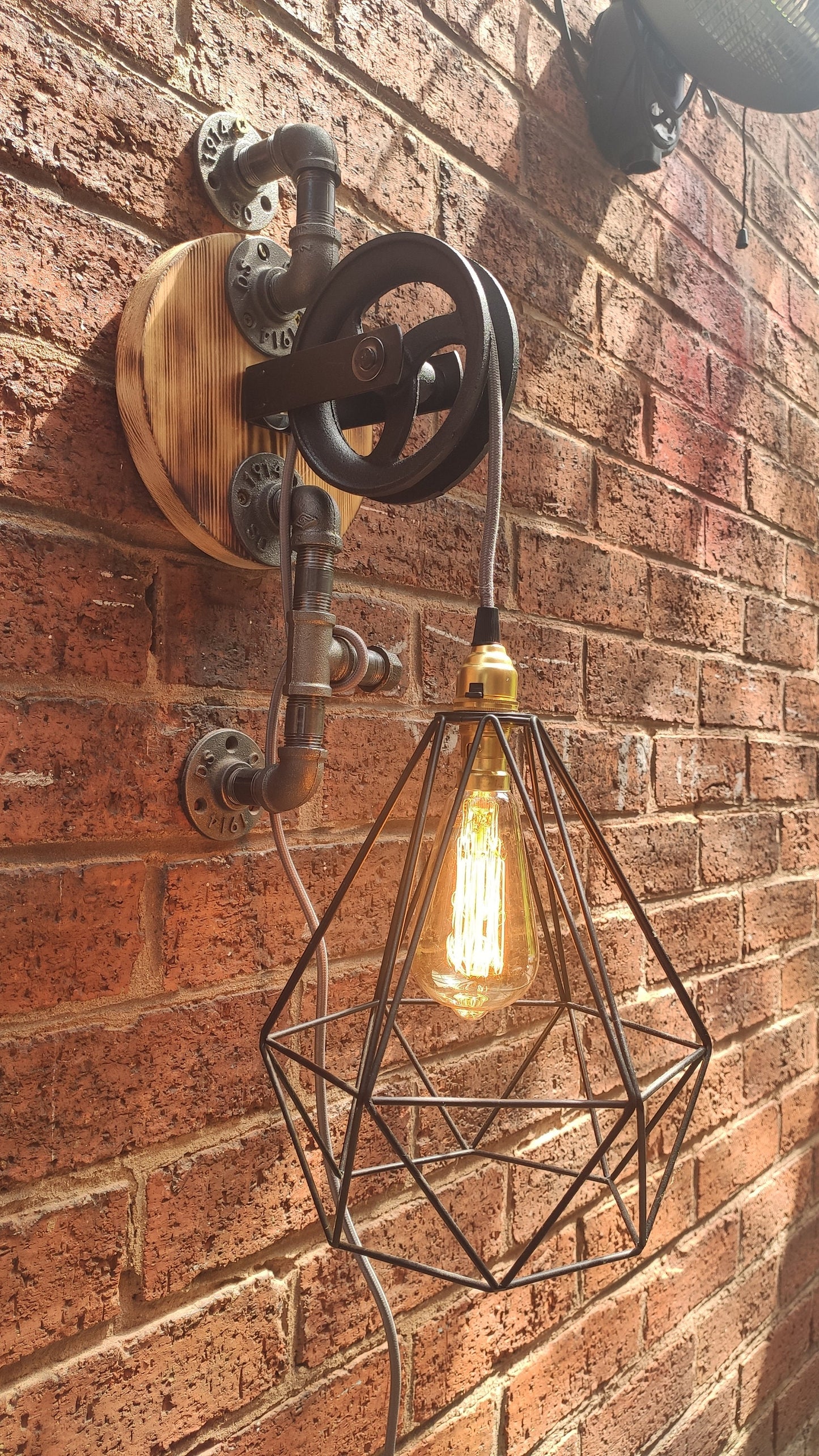 Vintage Industrial Steampunk Hanging Lamp with Red Shades and Pulley Wheel - Handmade Retro Lighting Fixture with Vintage Look