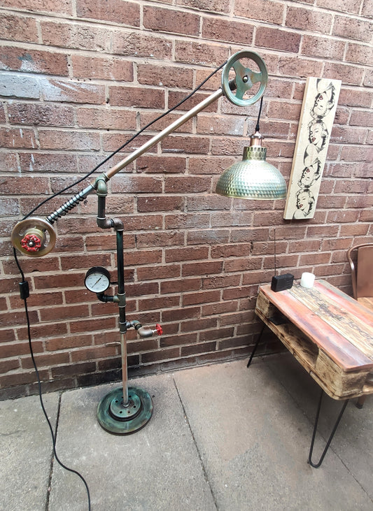 Retro Industrial Steampunk Floor Lamp with Red Lampshades - Handmade Vintage Pipe and Pulley Design - Metal Iron Construction, Patina Finish