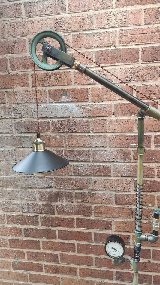 Handmade Industrial Steampunk Floor Lamp with Red Lampshades - Retro Vintage Pipe Design with Pulley Wheel - Unique Home Decor Lighting